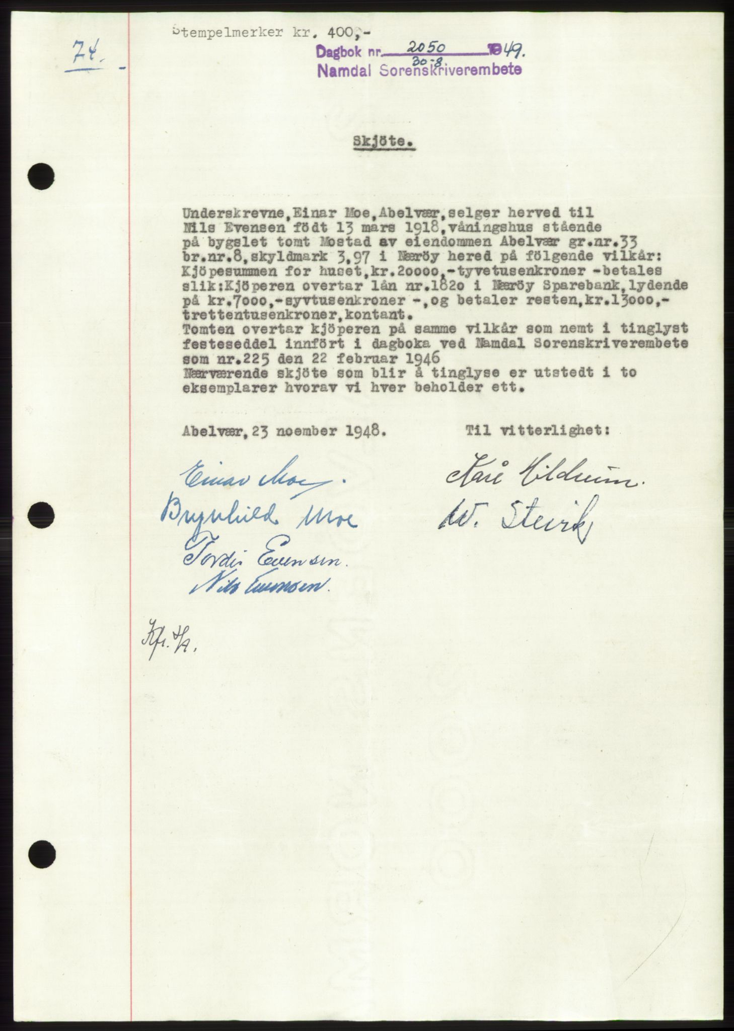 Namdal sorenskriveri, SAT/A-4133/1/2/2C: Pantebok nr. -, 1949-1949, Dagboknr: 2050/1949