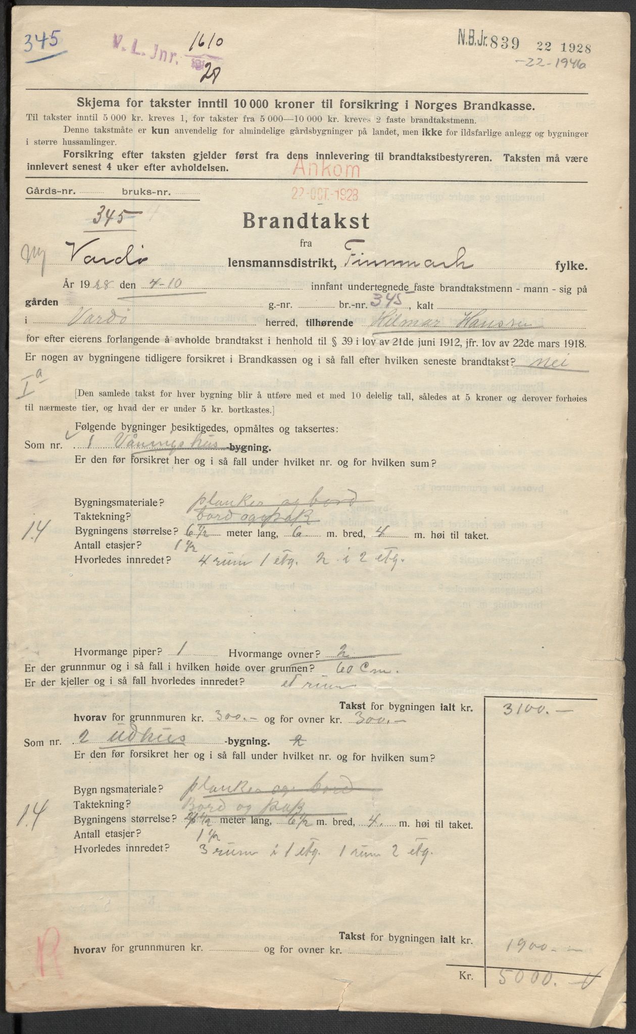 Norges Brannkasse, AV/RA-S-1549/E/Eu/L0018: Branntakster for Vardø by, 1884-1955, s. 274