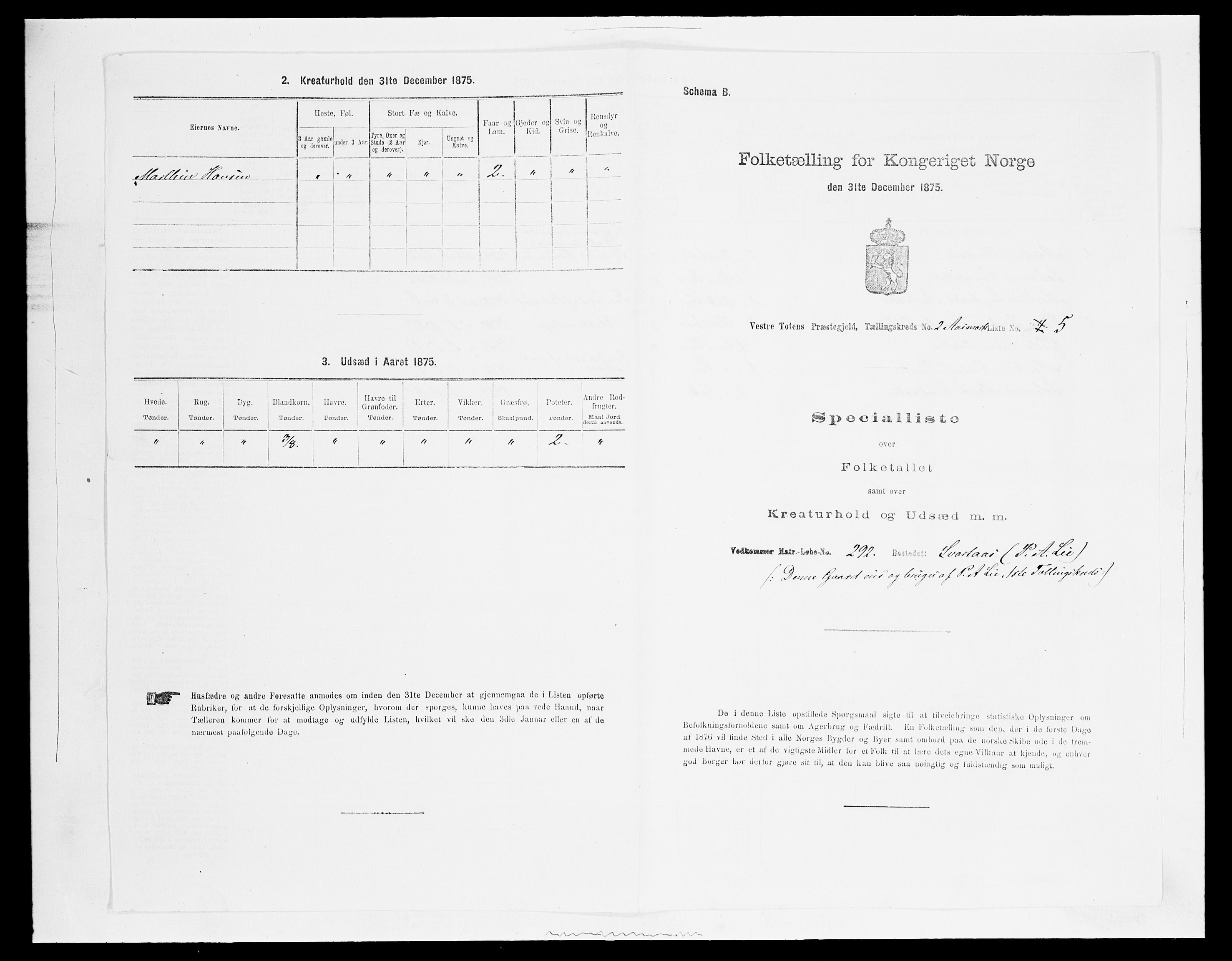 SAH, Folketelling 1875 for 0529P Vestre Toten prestegjeld, 1875, s. 435