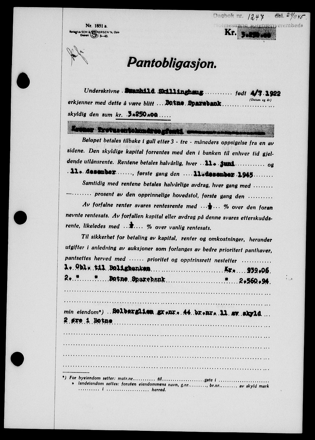 Holmestrand sorenskriveri, SAKO/A-67/G/Ga/Gab/L0055: Pantebok nr. B-55, 1945-1946, Dagboknr: 1247/1945