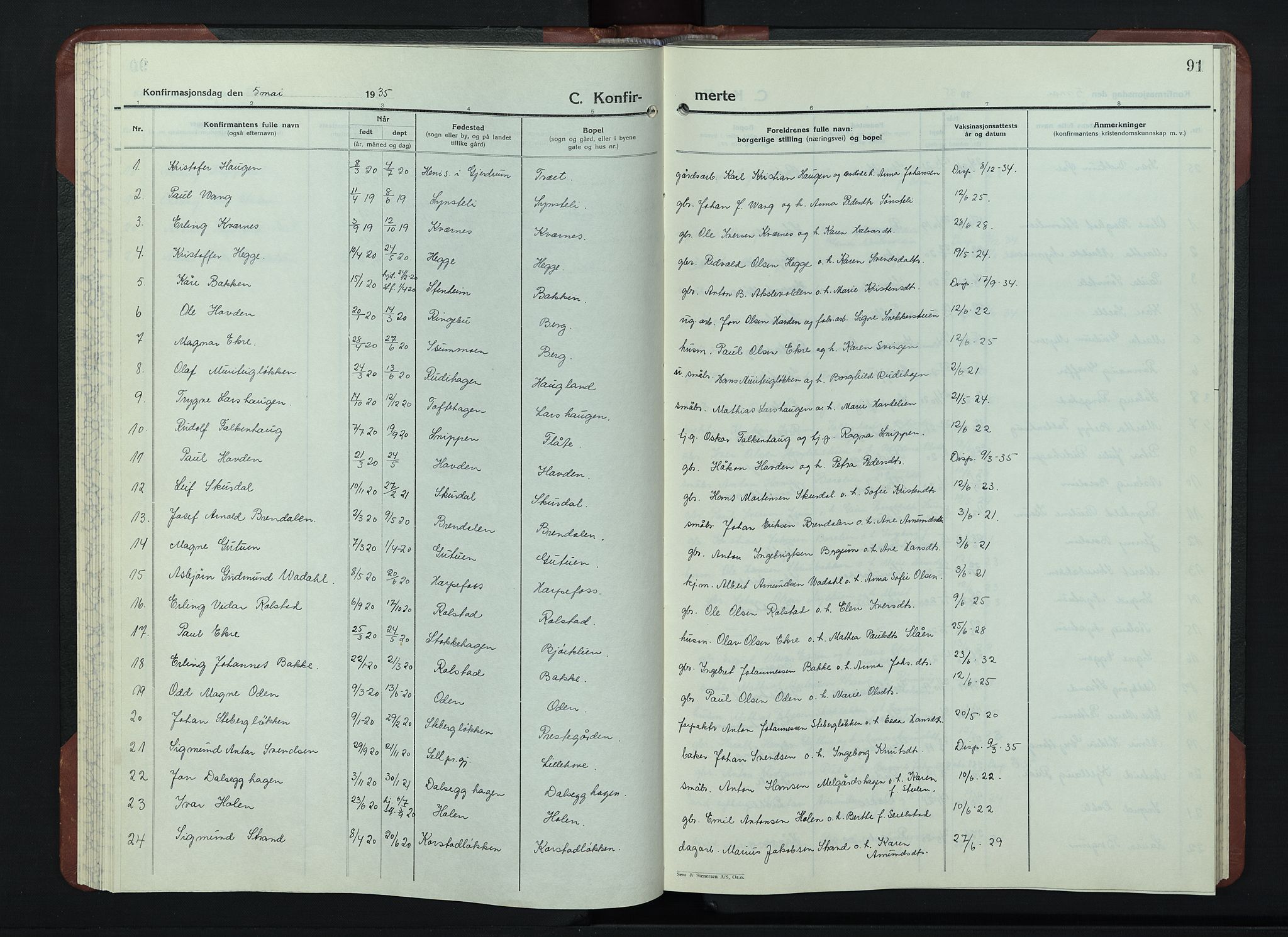 Sør-Fron prestekontor, AV/SAH-PREST-010/H/Ha/Hab/L0006: Klokkerbok nr. 6, 1933-1948, s. 91