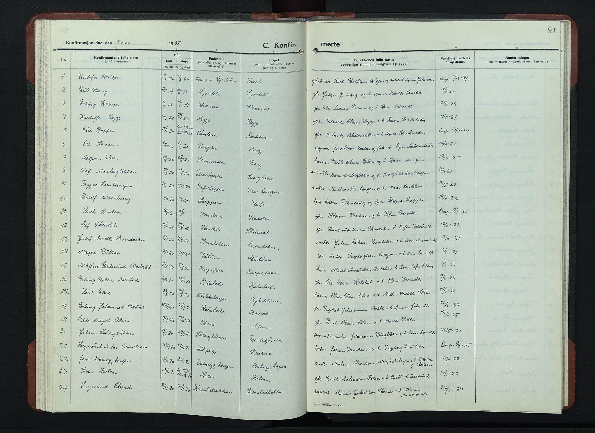 Sør-Fron prestekontor, SAH/PREST-010/H/Ha/Hab/L0006: Klokkerbok nr. 6, 1933-1948, s. 91