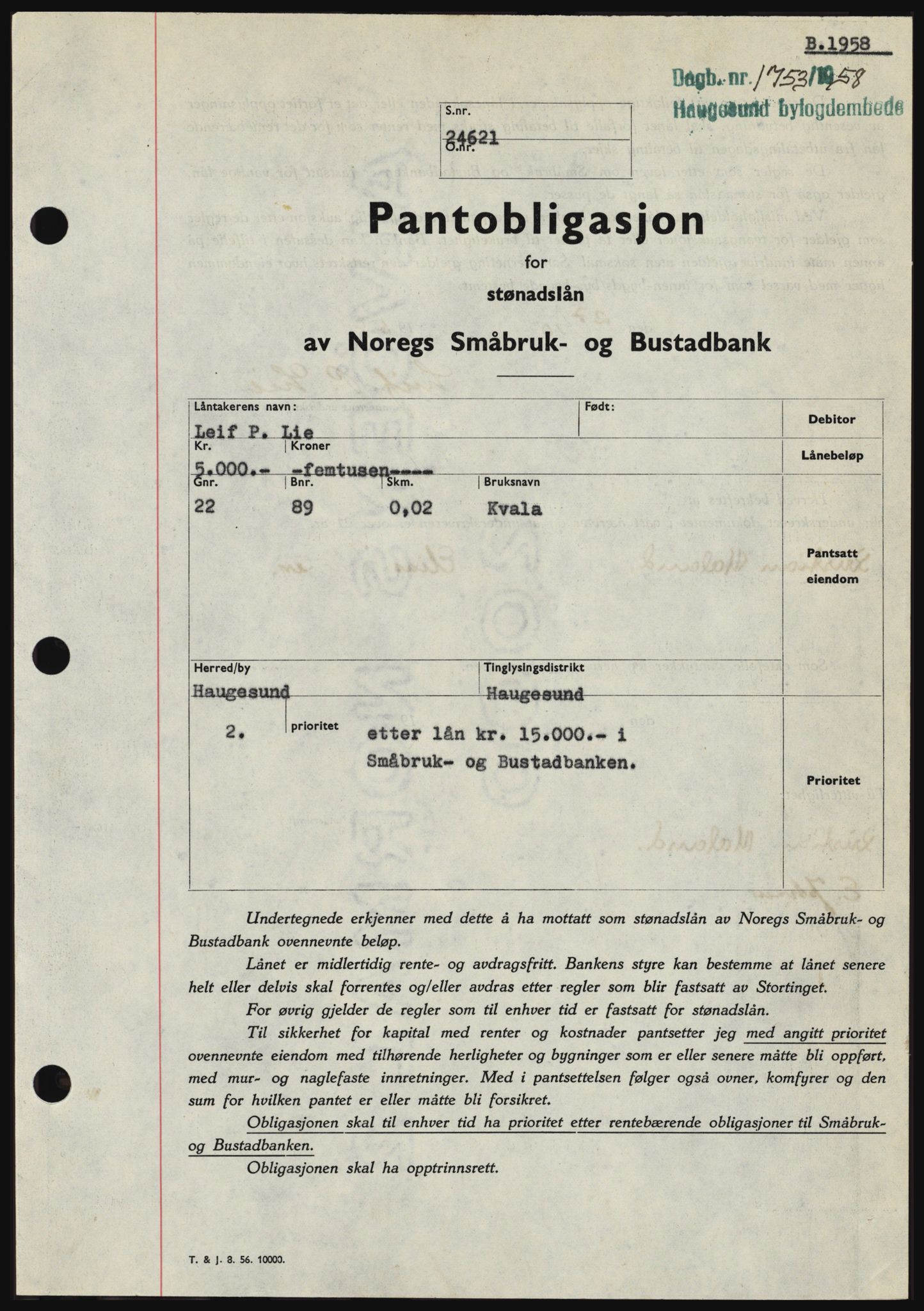 Haugesund tingrett, SAST/A-101415/01/II/IIC/L0044: Pantebok nr. B 44, 1958-1959, Dagboknr: 1753/1958