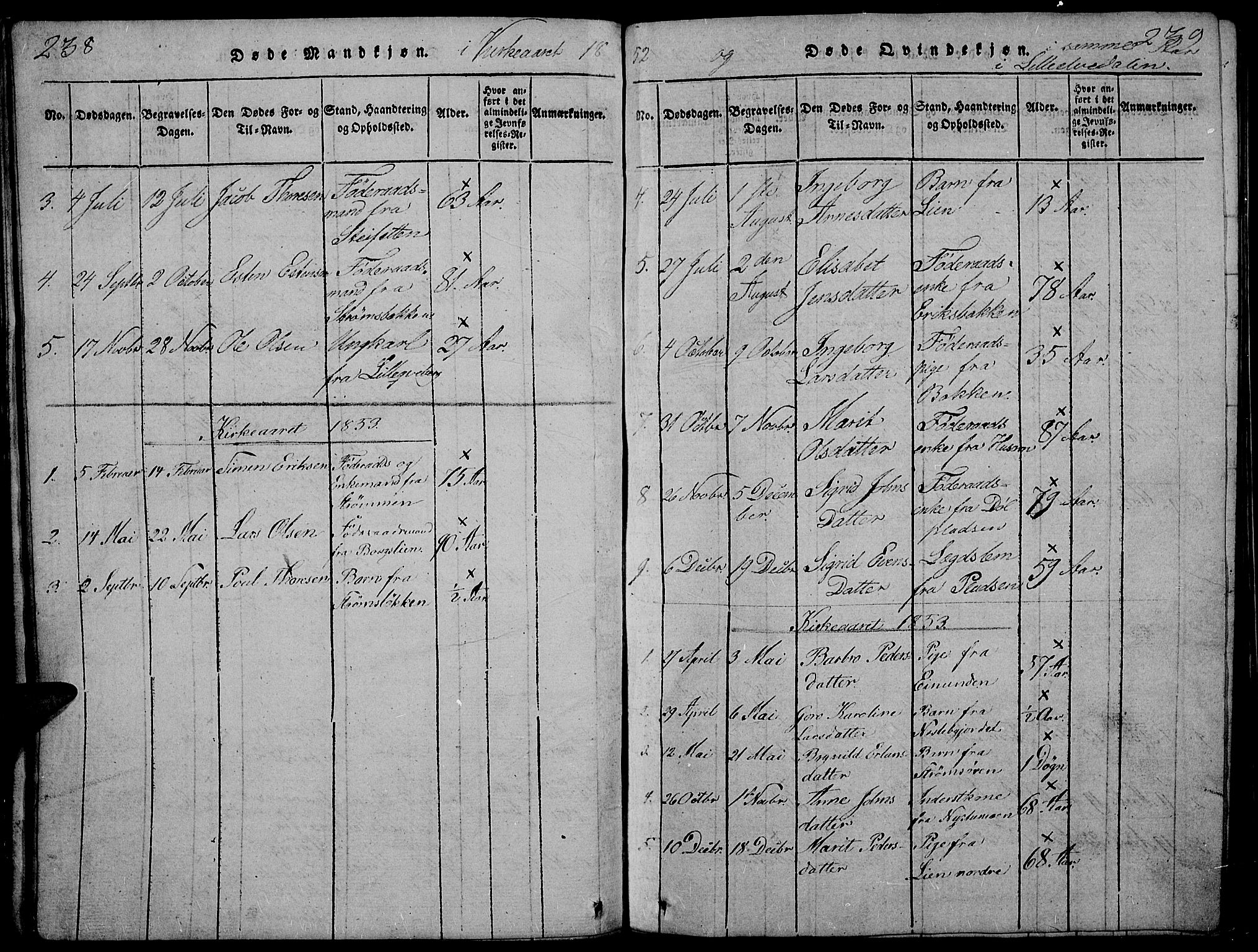 Tynset prestekontor, AV/SAH-PREST-058/H/Ha/Hab/L0002: Klokkerbok nr. 2, 1814-1862, s. 238-239