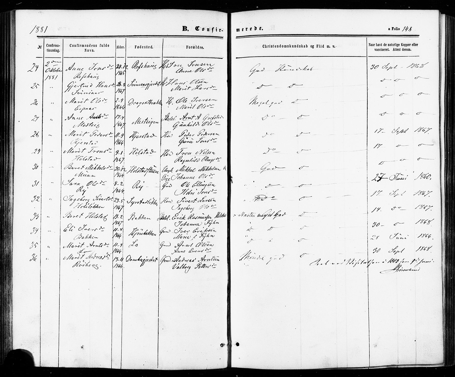 Ministerialprotokoller, klokkerbøker og fødselsregistre - Sør-Trøndelag, SAT/A-1456/672/L0856: Ministerialbok nr. 672A08, 1861-1881, s. 148