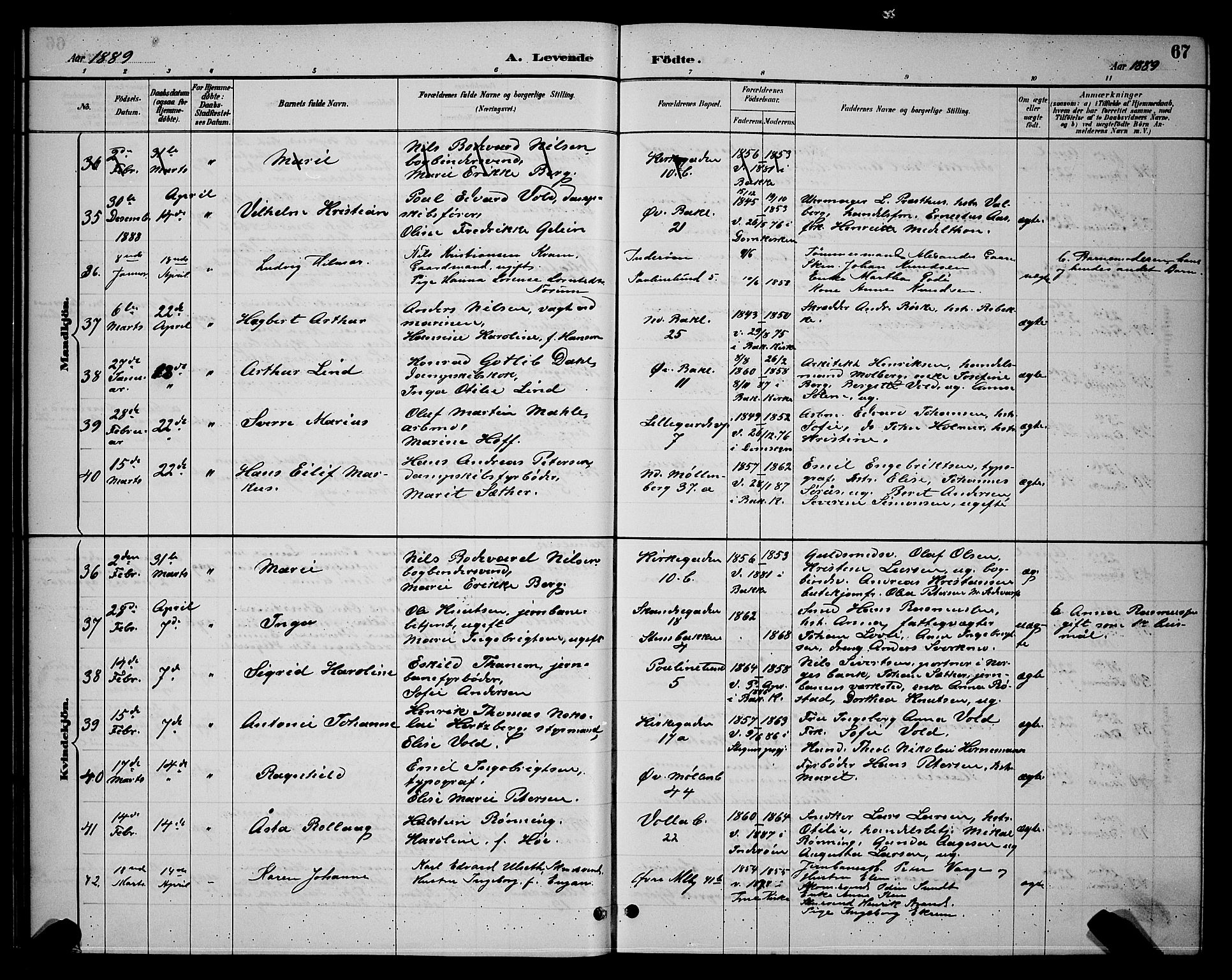 Ministerialprotokoller, klokkerbøker og fødselsregistre - Sør-Trøndelag, SAT/A-1456/604/L0222: Klokkerbok nr. 604C05, 1886-1895, s. 67