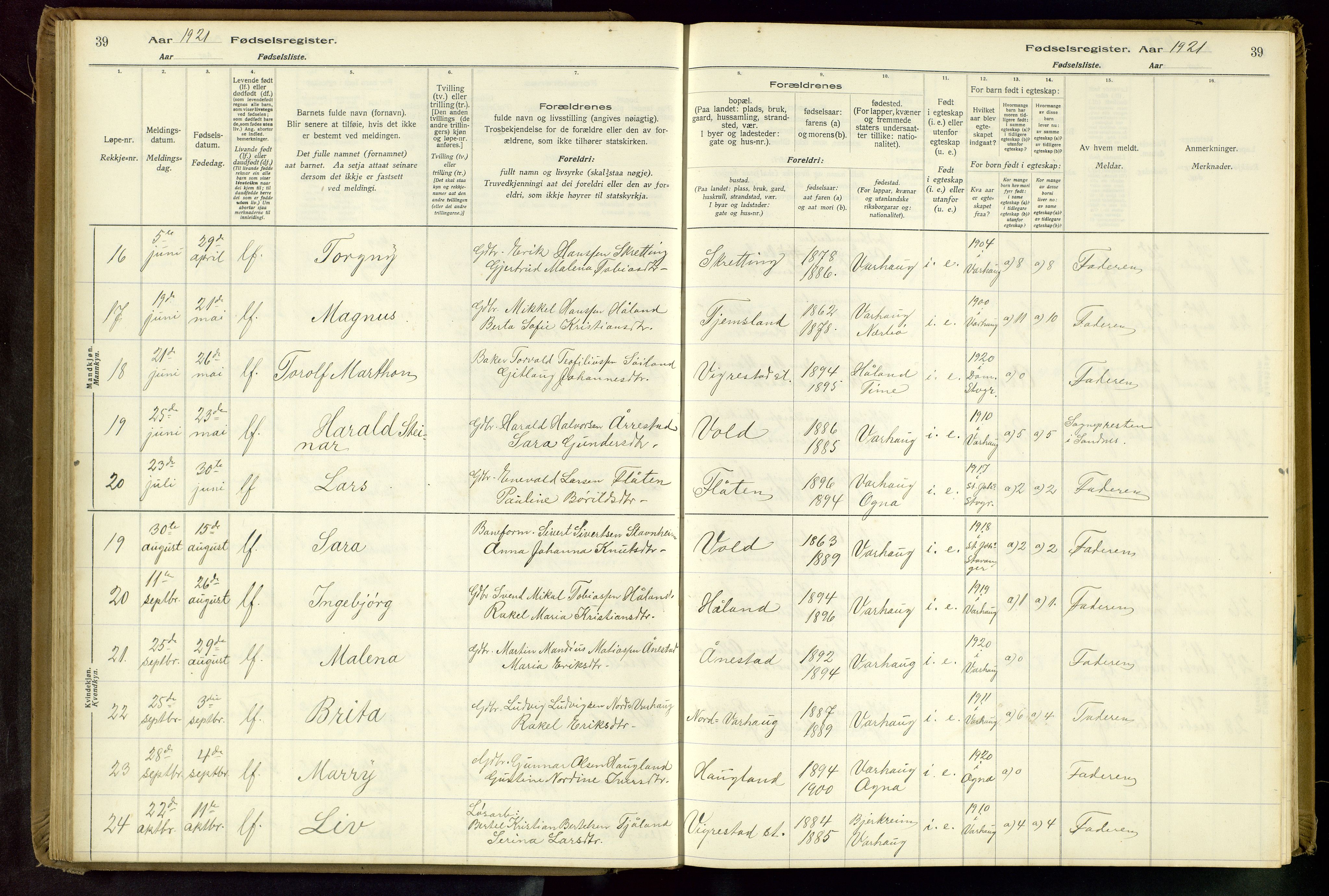 Hå sokneprestkontor, AV/SAST-A-101801/001/704BA/L0001: Fødselsregister nr. 1, 1916-1944, s. 39