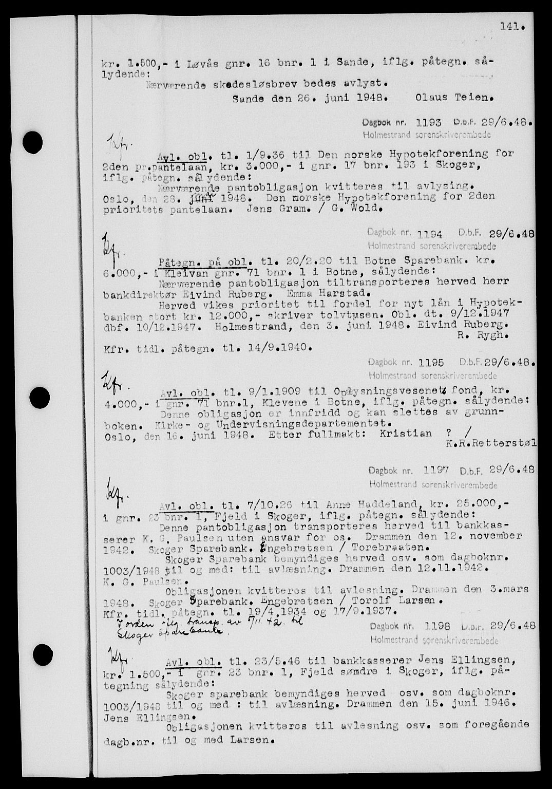 Holmestrand sorenskriveri, SAKO/A-67/G/Ga/Gab/L0058: Pantebok nr. B-58, 1947-1948, s. 141, Dagboknr: 1193/1948