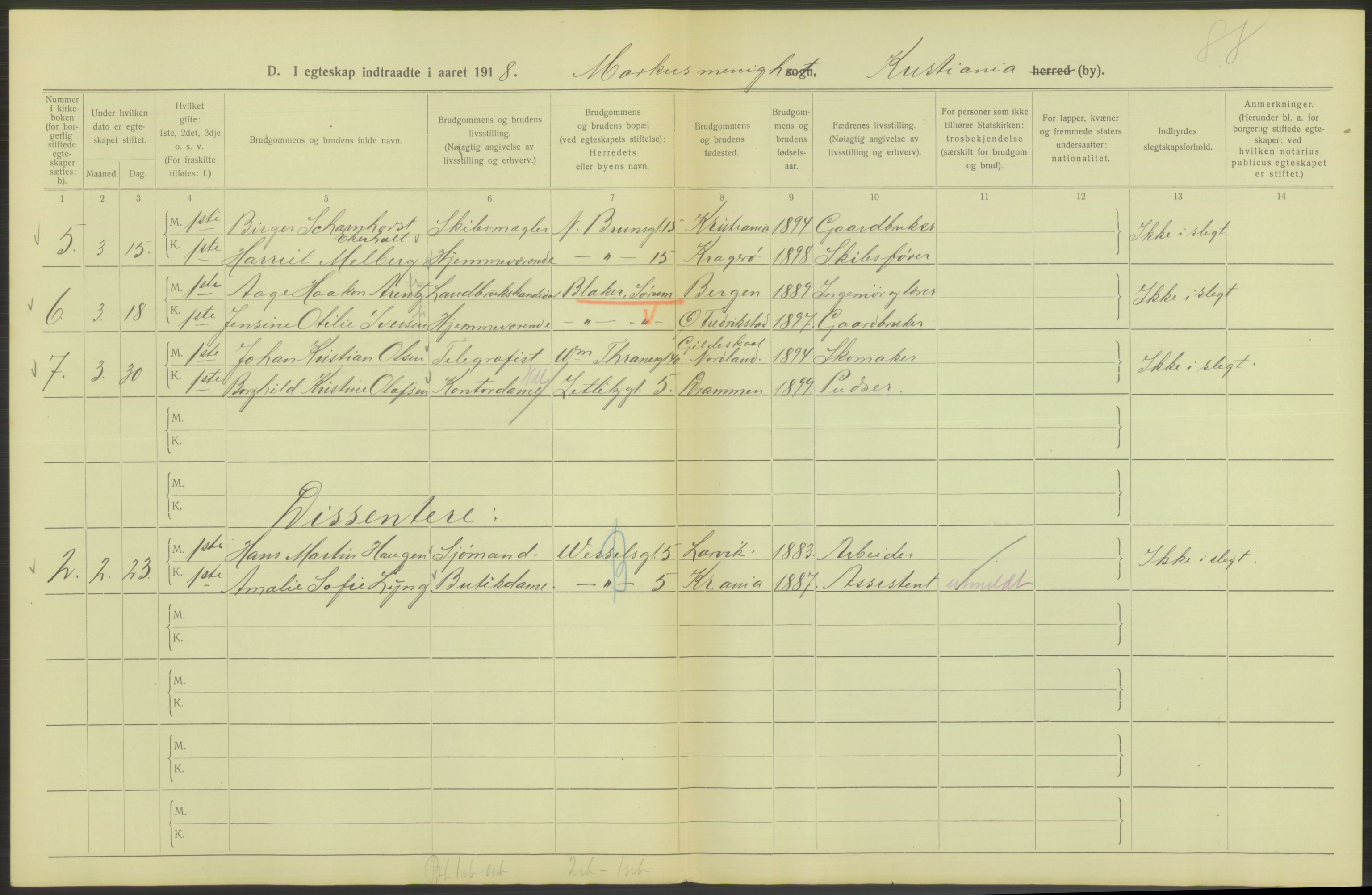 Statistisk sentralbyrå, Sosiodemografiske emner, Befolkning, RA/S-2228/D/Df/Dfb/Dfbh/L0009: Kristiania: Gifte, 1918, s. 352