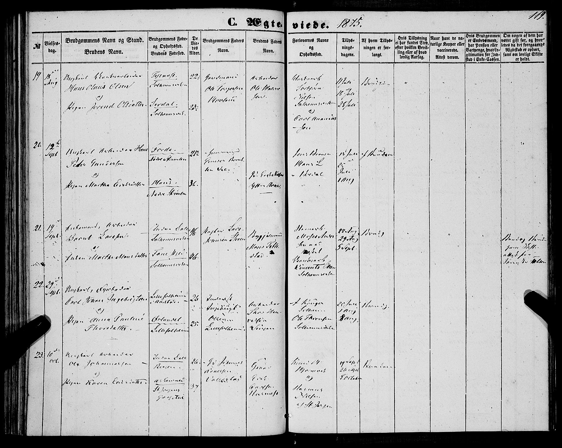 St. Jørgens hospital og Årstad sokneprestembete, AV/SAB-A-99934: Ministerialbok nr. A 9, 1853-1878, s. 119