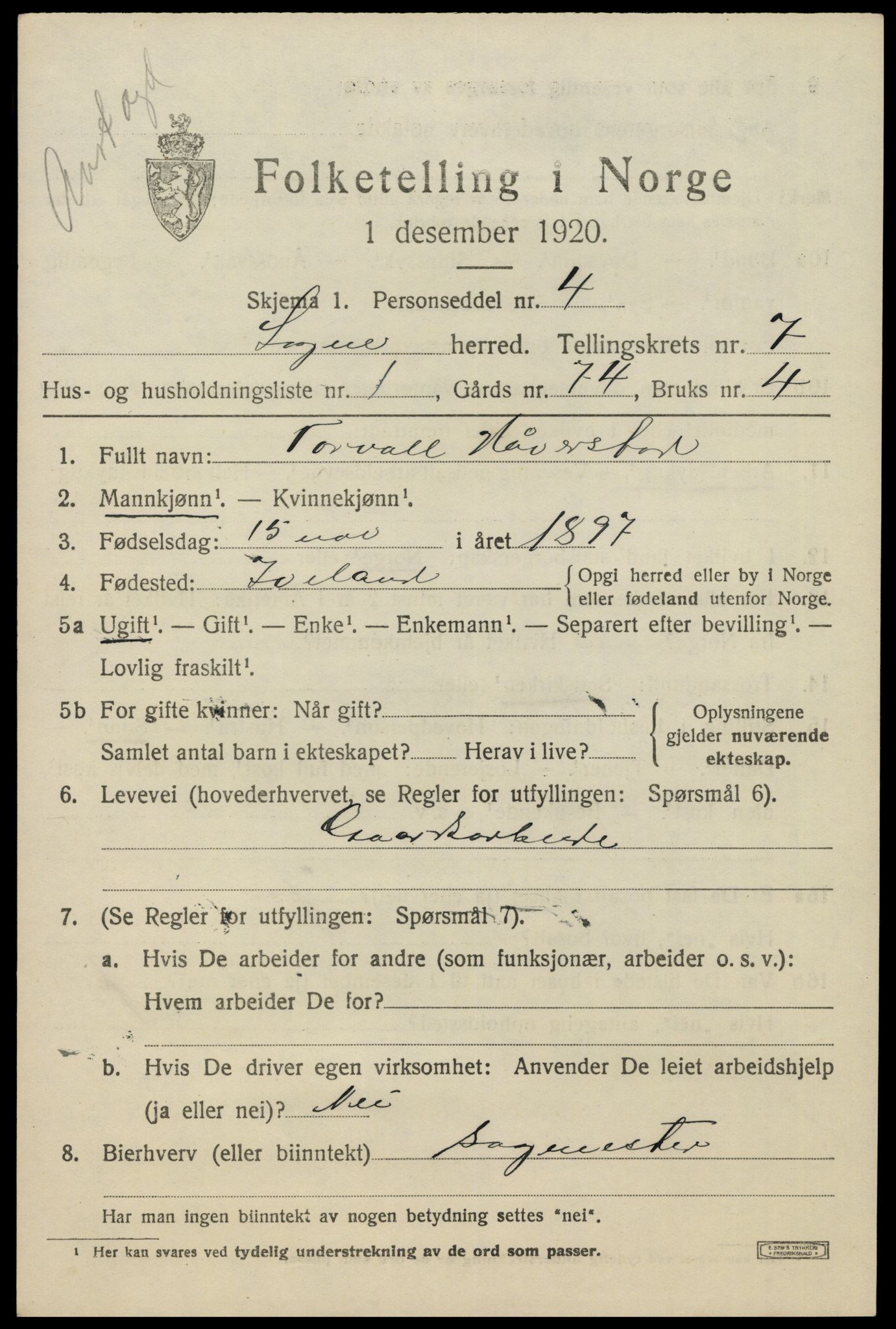 SAK, Folketelling 1920 for 1018 Søgne herred, 1920, s. 3507