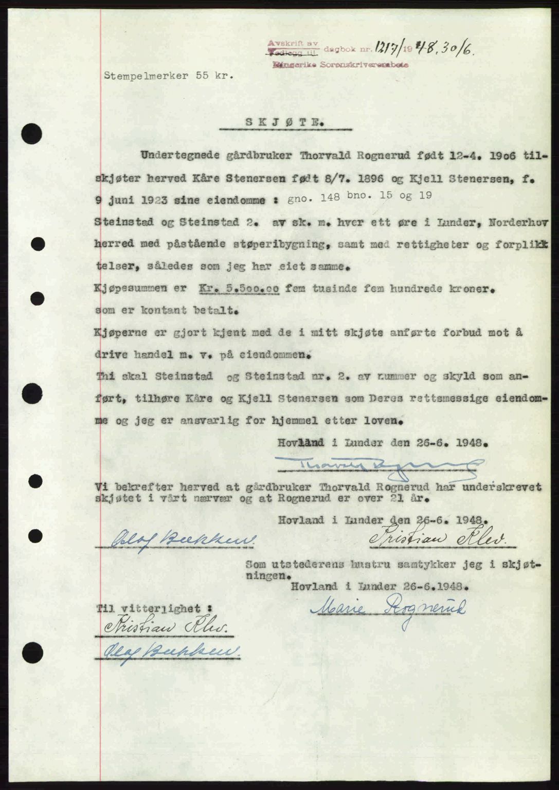 Ringerike sorenskriveri, SAKO/A-105/G/Ga/Gab/L0088: Pantebok nr. A-19, 1948-1948, Dagboknr: 1217/1948
