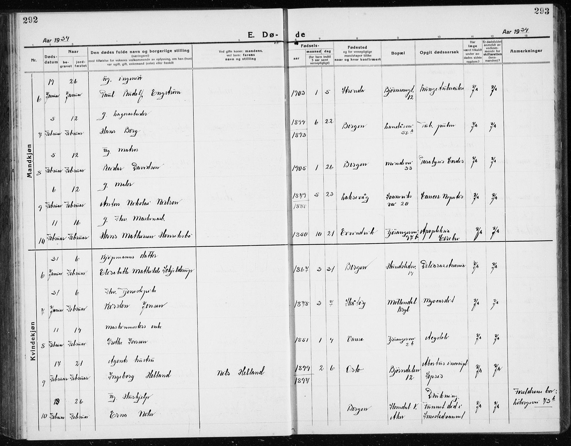 Årstad Sokneprestembete, SAB/A-79301/H/Hab/L0025: Klokkerbok nr. D 2, 1922-1940, s. 292-293