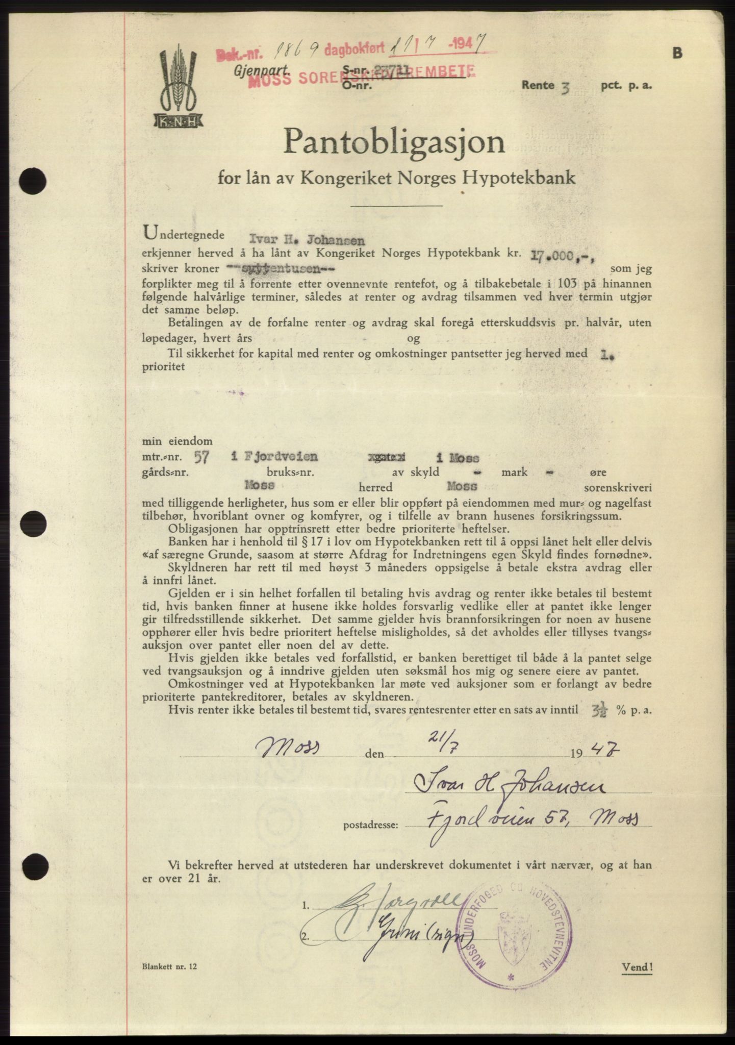 Moss sorenskriveri, SAO/A-10168: Pantebok nr. B17, 1947-1947, Dagboknr: 1869/1947