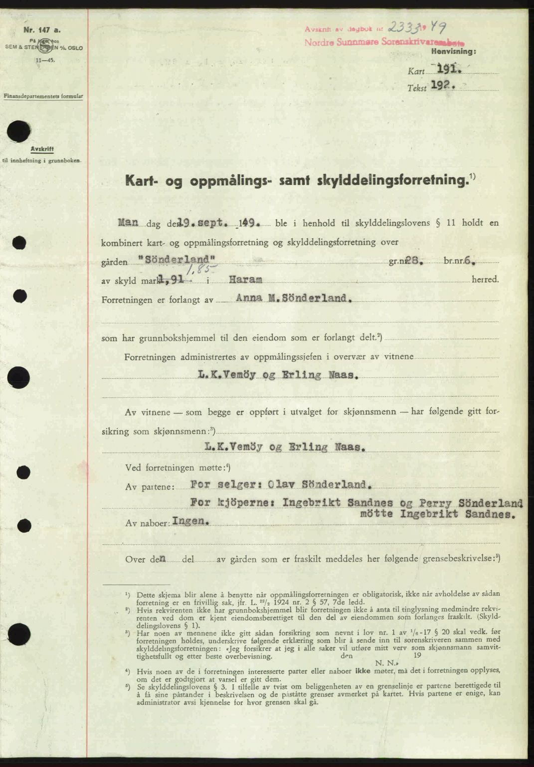 Nordre Sunnmøre sorenskriveri, SAT/A-0006/1/2/2C/2Ca: Pantebok nr. A32, 1949-1949, Dagboknr: 2333/1949