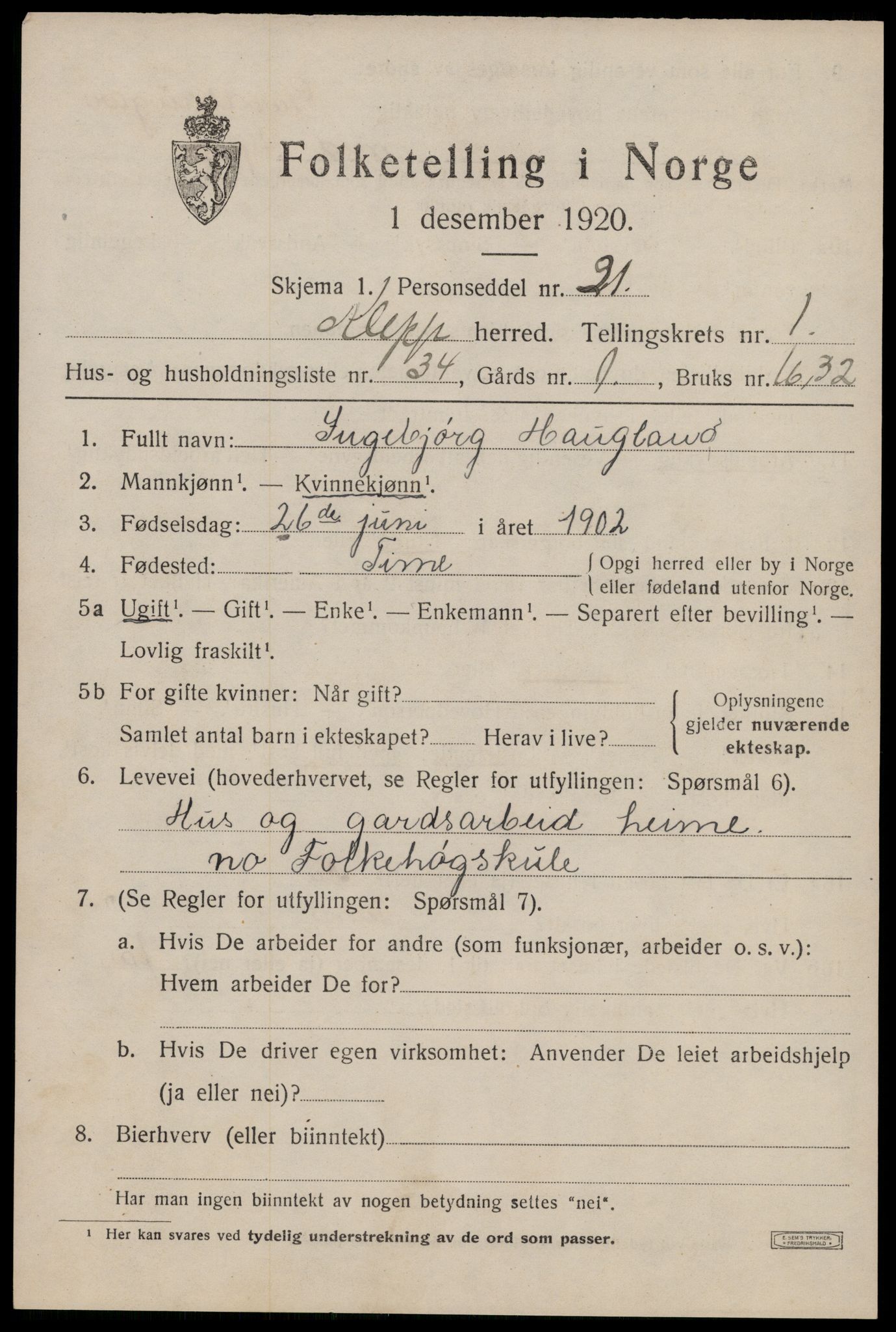 SAST, Folketelling 1920 for 1120 Klepp herred, 1920, s. 1690