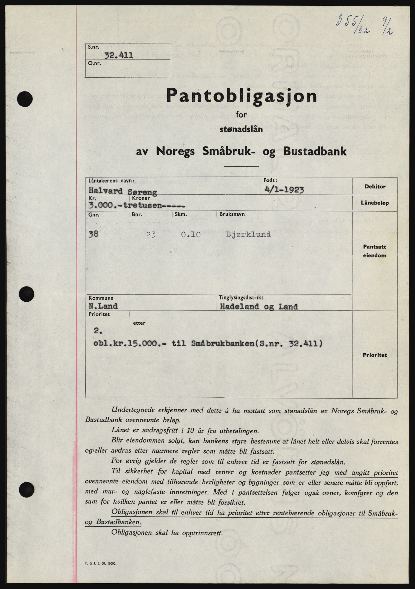 Hadeland og Land tingrett, SAH/TING-010/H/Hb/Hbc/L0047: Pantebok nr. B47, 1961-1962, Dagboknr: 355/1962