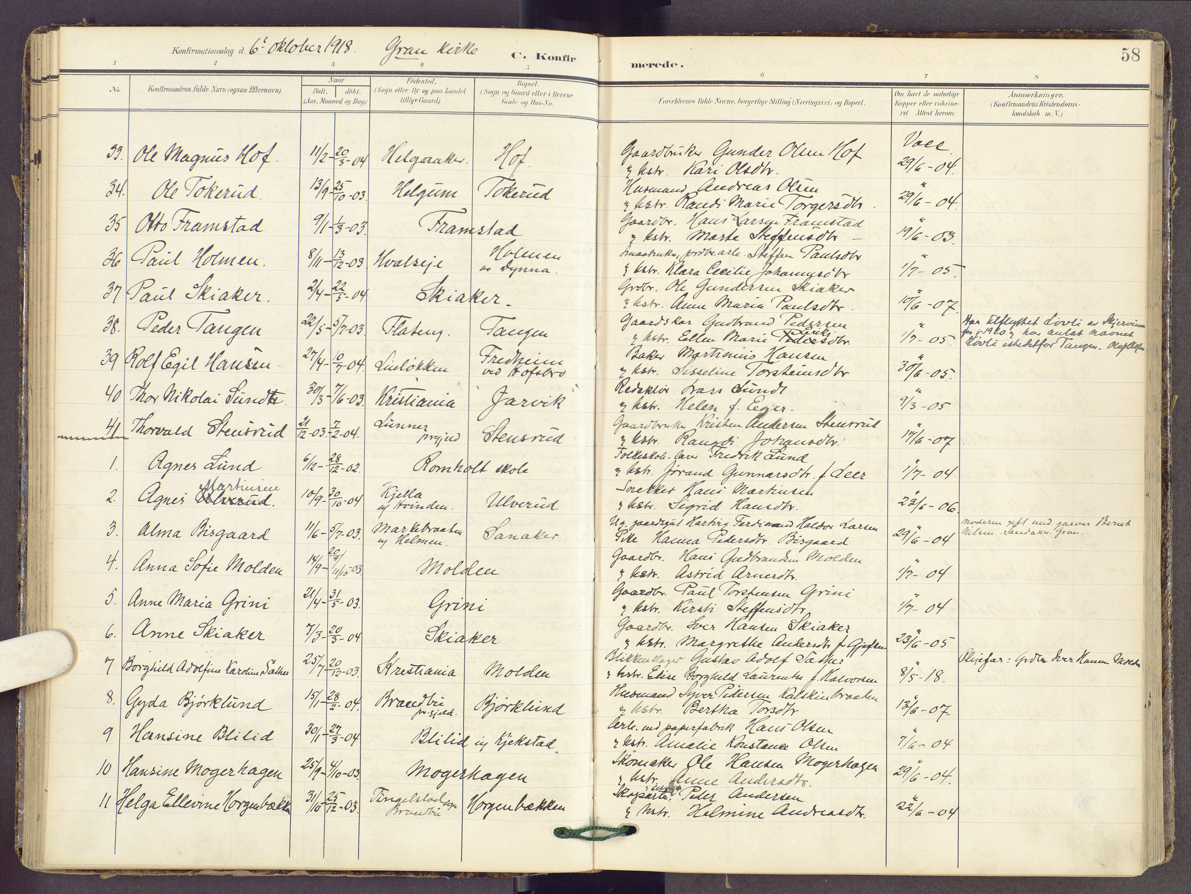 Gran prestekontor, AV/SAH-PREST-112/H/Ha/Haa/L0022: Ministerialbok nr. 22, 1908-1918, s. 58