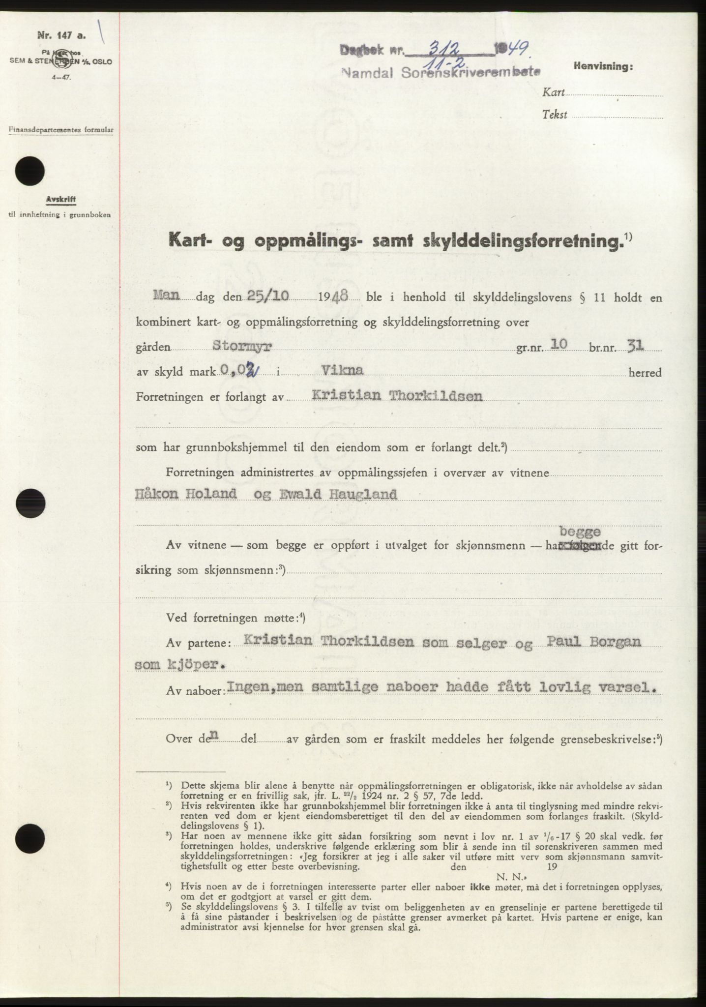 Namdal sorenskriveri, SAT/A-4133/1/2/2C: Pantebok nr. -, 1949-1949, Dagboknr: 312/1949