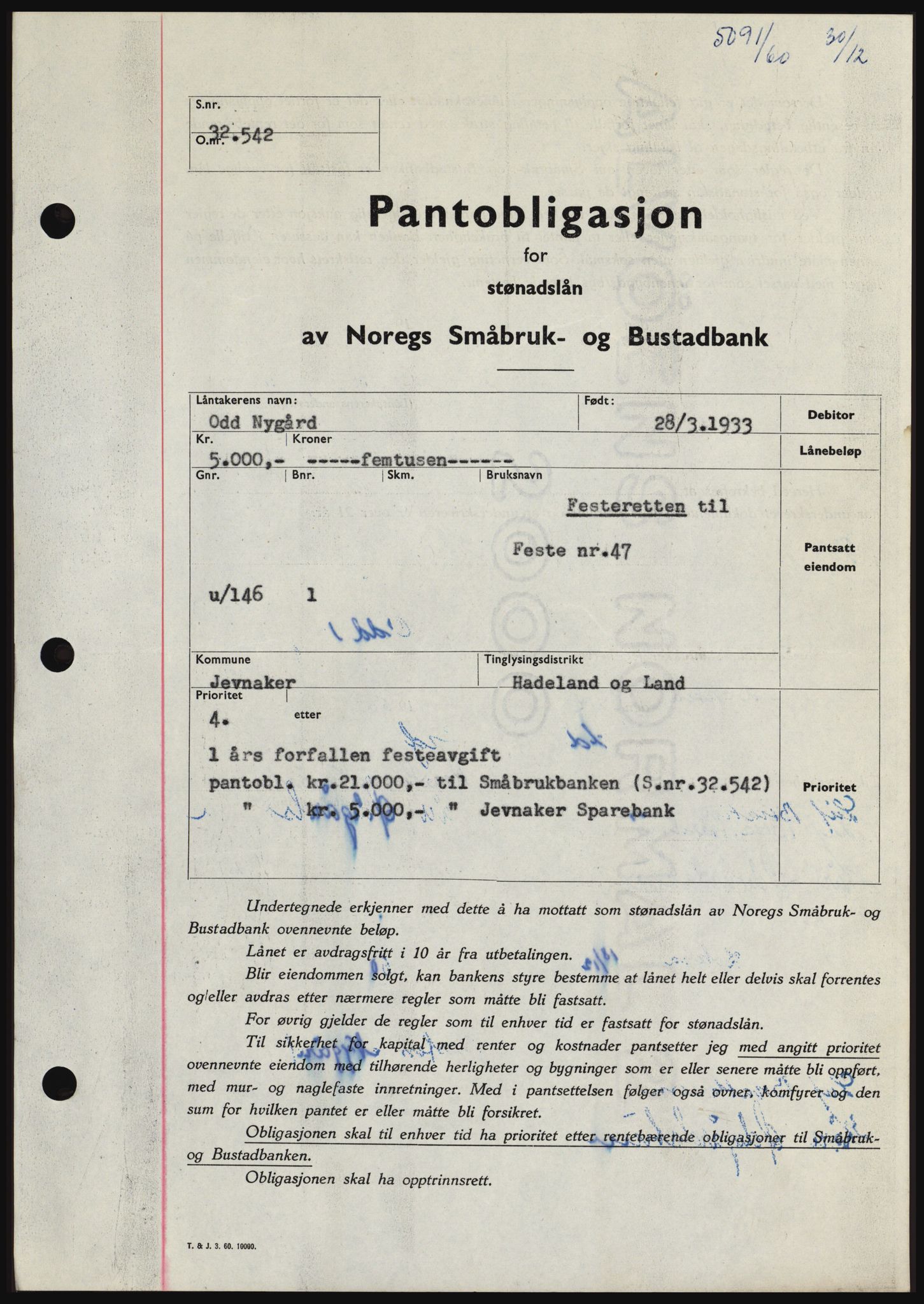 Hadeland og Land tingrett, SAH/TING-010/H/Hb/Hbc/L0044: Pantebok nr. B44, 1960-1961, Dagboknr: 5091/1960
