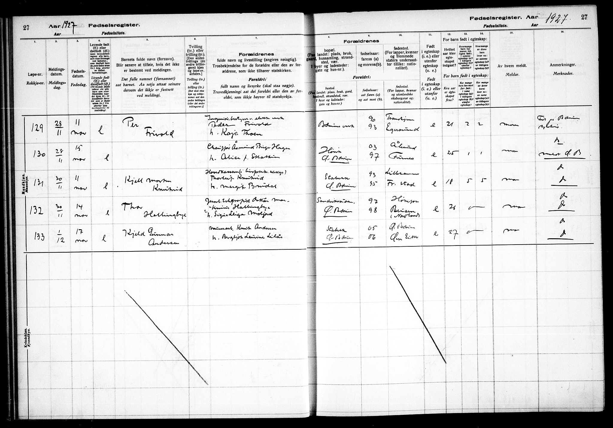 Vestre Bærum prestekontor Kirkebøker, AV/SAO-A-10209a/J/L0002: Fødselsregister nr. 2, 1927-1933, s. 27