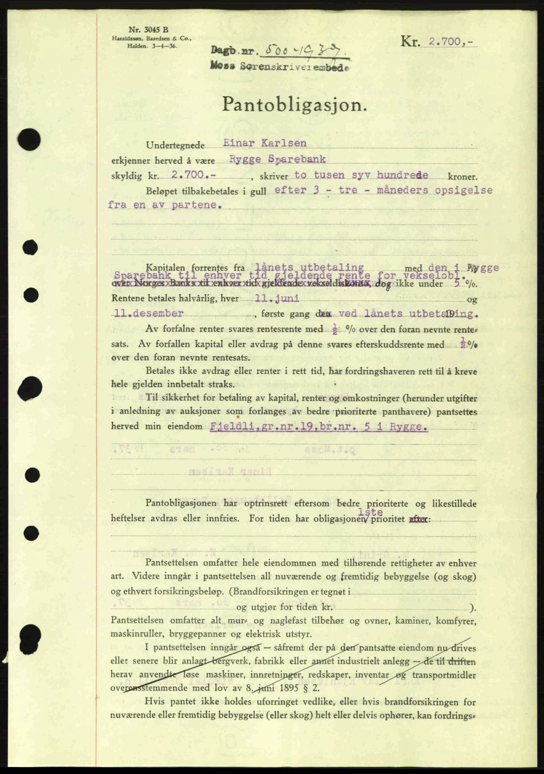 Moss sorenskriveri, SAO/A-10168: Pantebok nr. B3, 1937-1937, Dagboknr: 500/1937