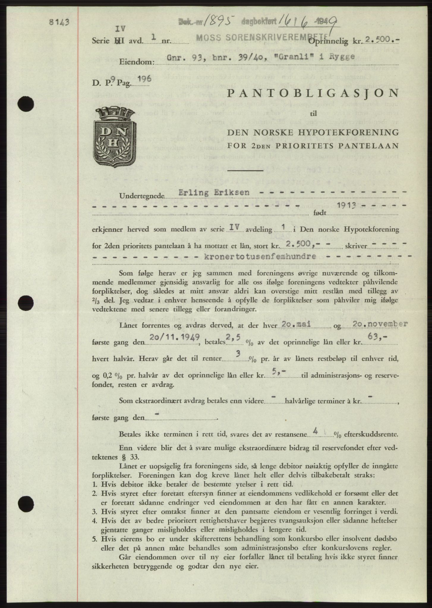 Moss sorenskriveri, SAO/A-10168: Pantebok nr. B22, 1949-1949, Dagboknr: 1894/1949