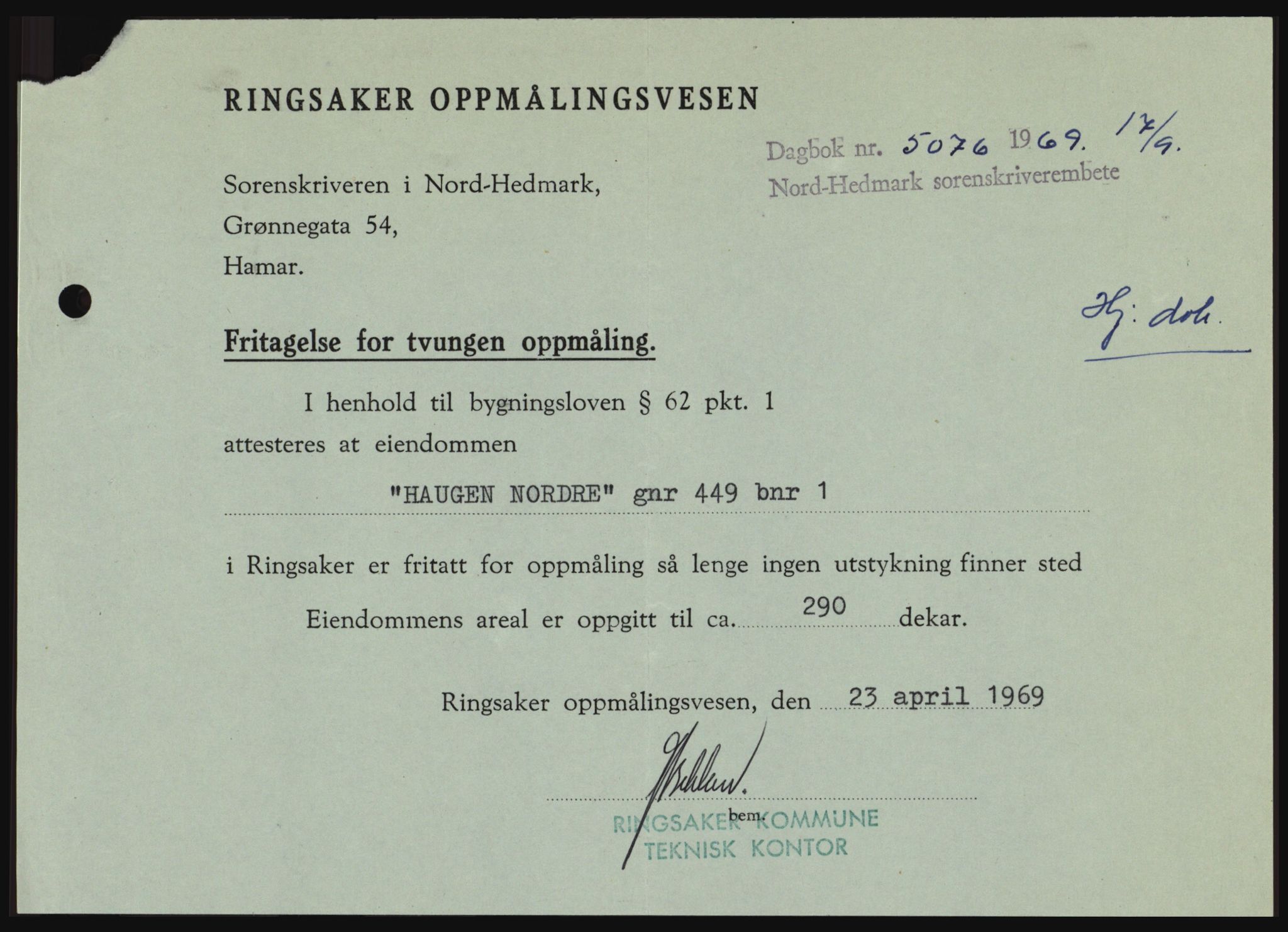Nord-Hedmark sorenskriveri, SAH/TING-012/H/Hc/L0031: Pantebok nr. 31, 1969-1969, Dagboknr: 5076/1969