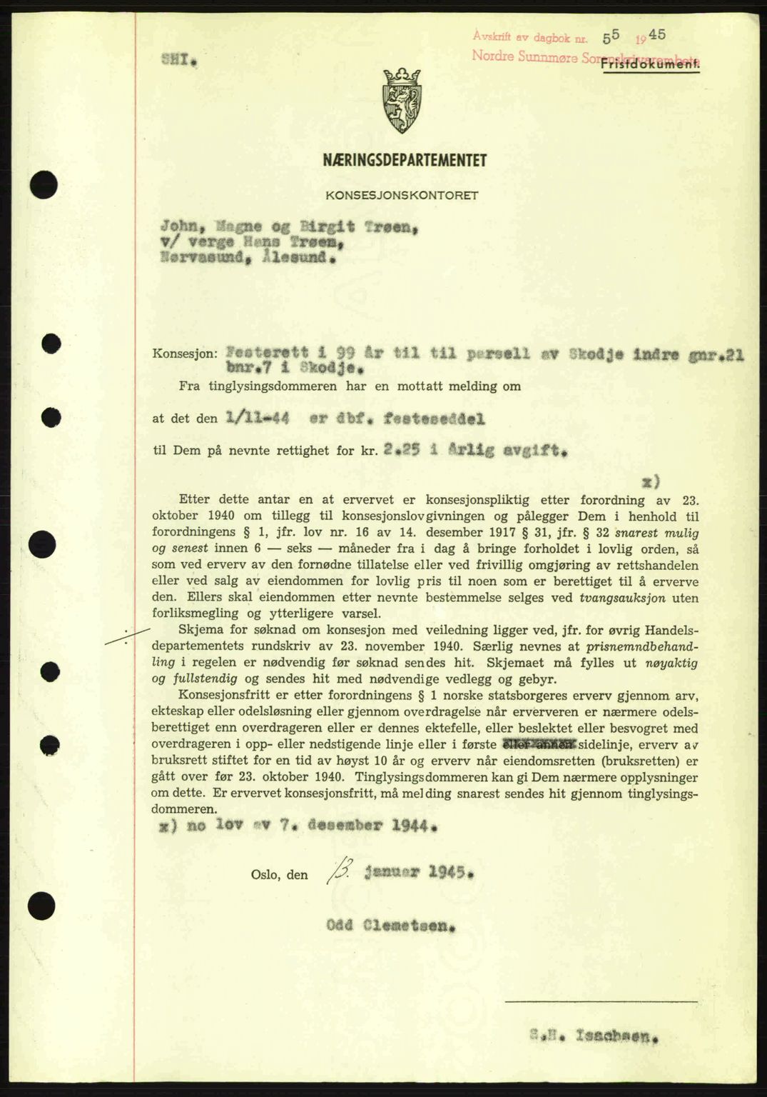 Nordre Sunnmøre sorenskriveri, AV/SAT-A-0006/1/2/2C/2Ca: Pantebok nr. B6-14 a, 1942-1945, Dagboknr: 55/1945