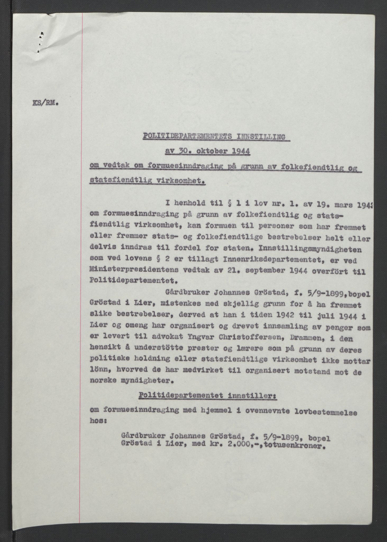 NS-administrasjonen 1940-1945 (Statsrådsekretariatet, de kommisariske statsråder mm), AV/RA-S-4279/D/Db/L0090: Foredrag til vedtak utenfor ministermøte, 1942-1945, s. 439
