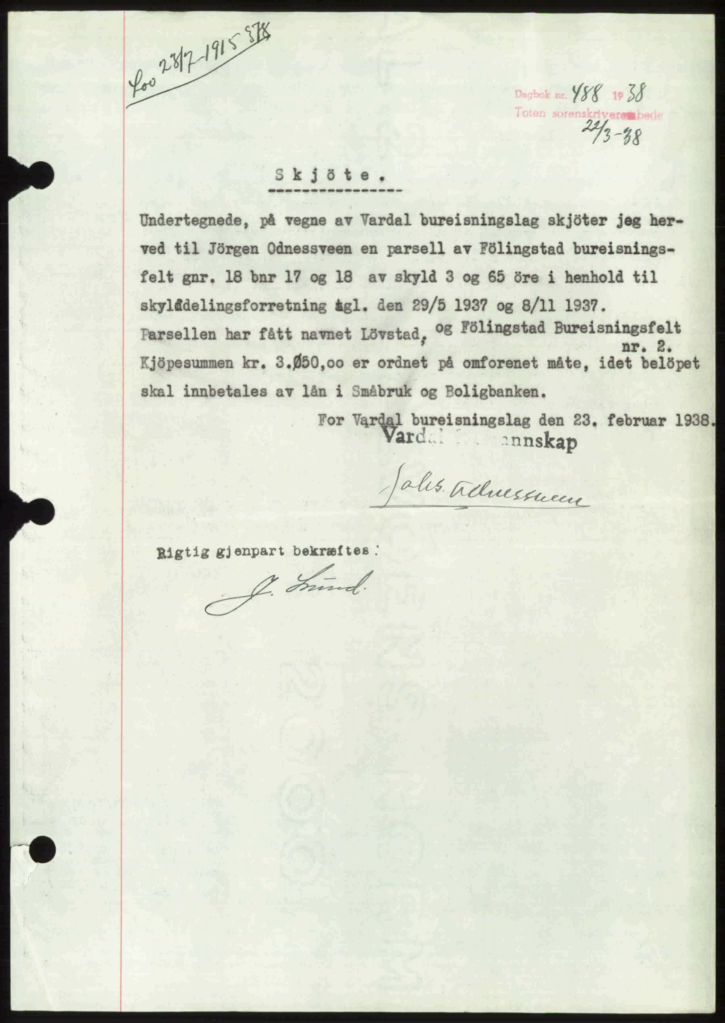Toten tingrett, SAH/TING-006/H/Hb/Hbc/L0003: Pantebok nr. Hbc-03, 1937-1938, Dagboknr: 488/1938
