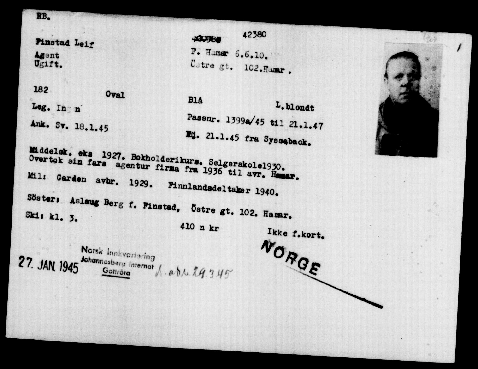 Utenriksstasjonene, Legasjonen i Stockholm, Flyktningkontoret, AV/RA-S-6753/V/Va/L0016: Kjesäterkartoteket, flyktninger med registreringsnr. 40700-43479, 1940-1945, s. 1750