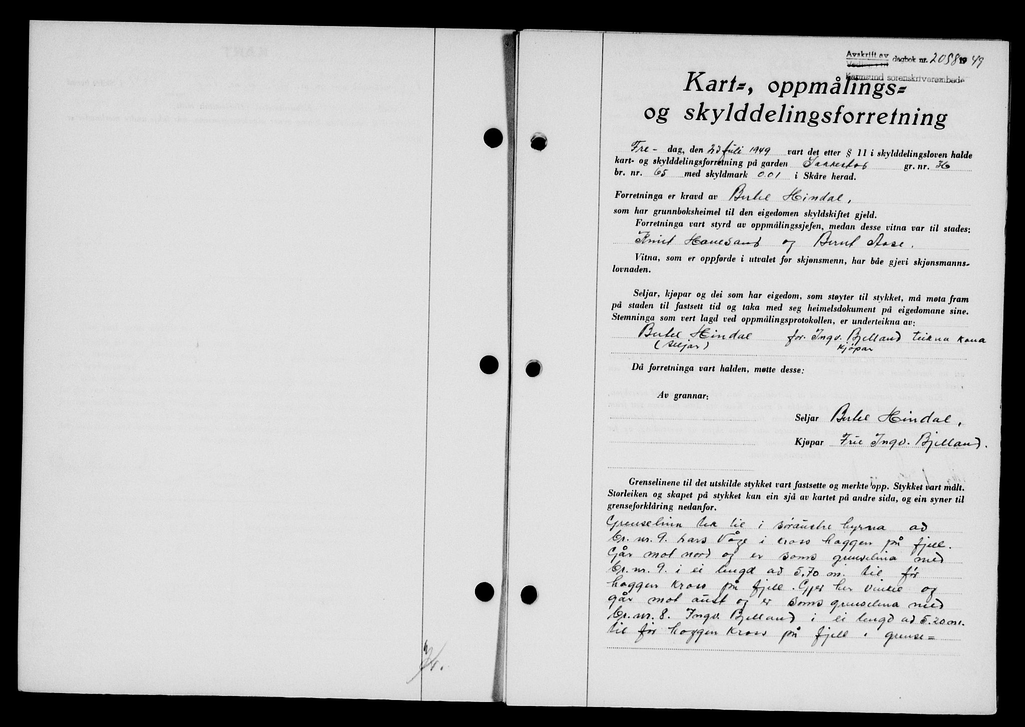 Karmsund sorenskriveri, SAST/A-100311/01/II/IIB/L0097: Pantebok nr. 77A, 1949-1949, Dagboknr: 2058/1949