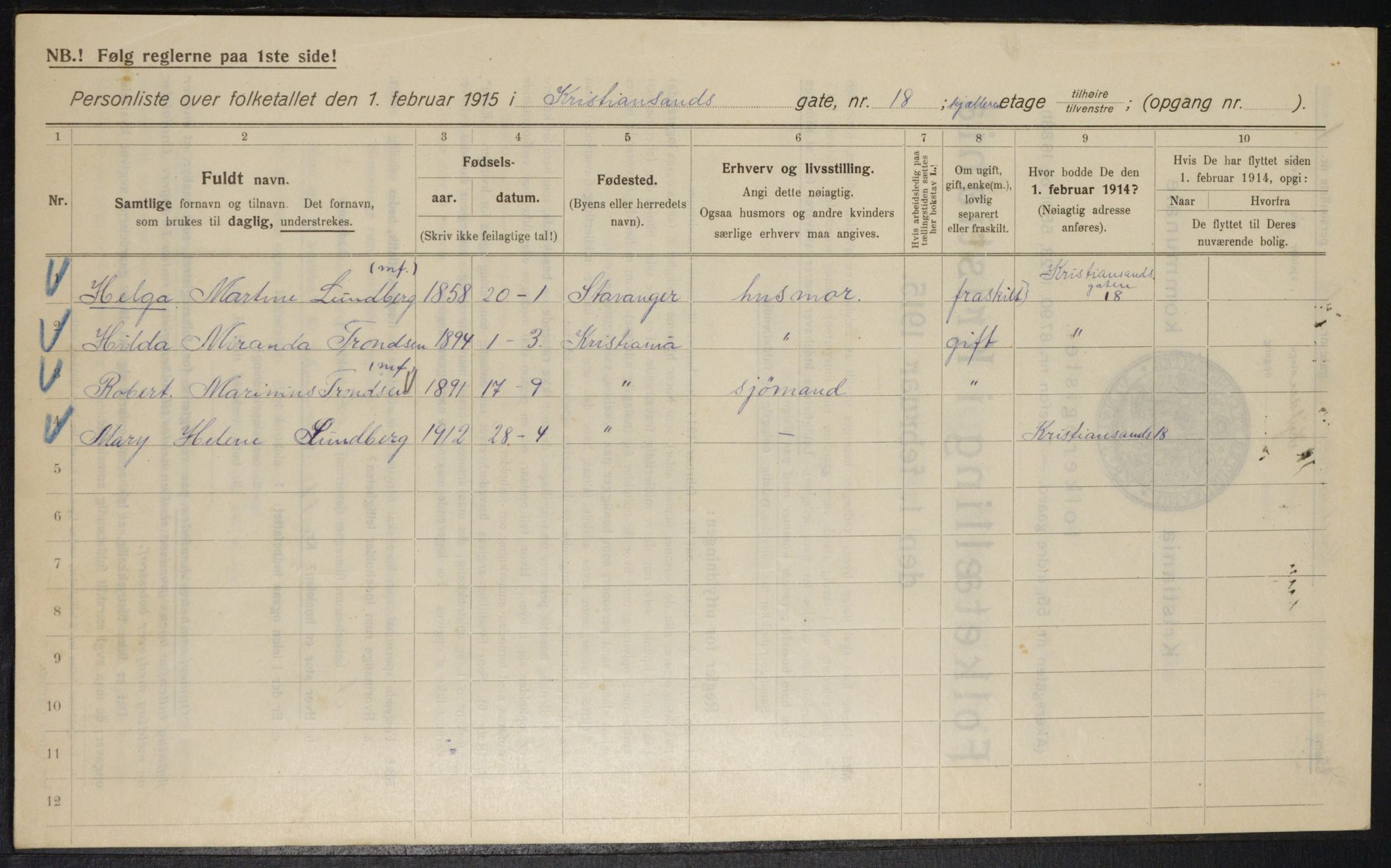 OBA, Kommunal folketelling 1.2.1915 for Kristiania, 1915, s. 53977