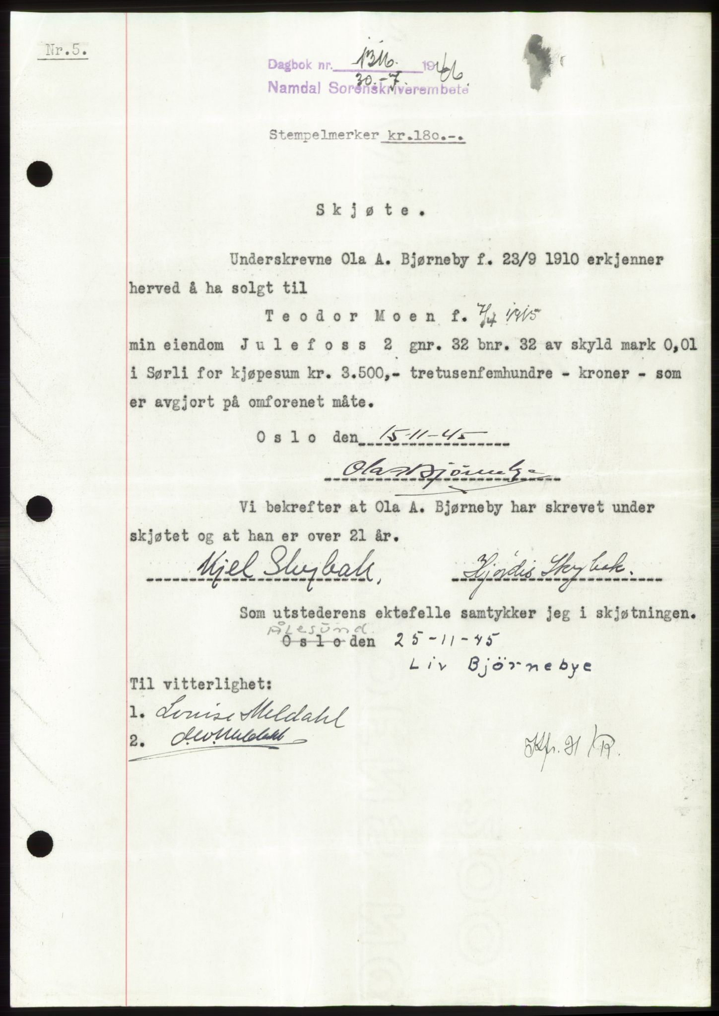 Namdal sorenskriveri, SAT/A-4133/1/2/2C: Pantebok nr. -, 1946-1946, Dagboknr: 1316/1946