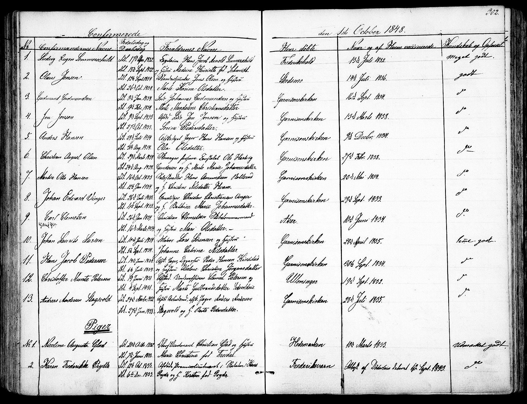 Garnisonsmenigheten Kirkebøker, SAO/A-10846/F/Fa/L0008: Ministerialbok nr. 8, 1842-1859, s. 302
