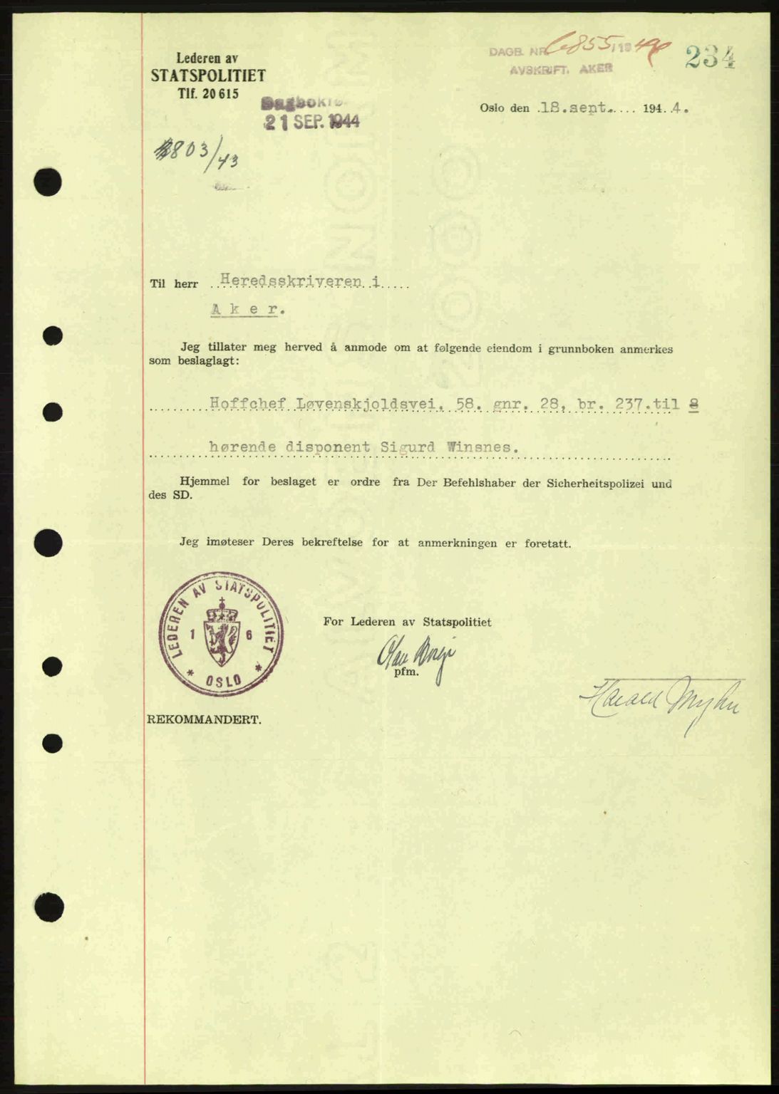 Aker herredsskriveri, SAO/A-10896/G/Gb/Gba/Gbac/L0035: Pantebok nr. B200-201, 1944-1944, Dagboknr: 6855/1944