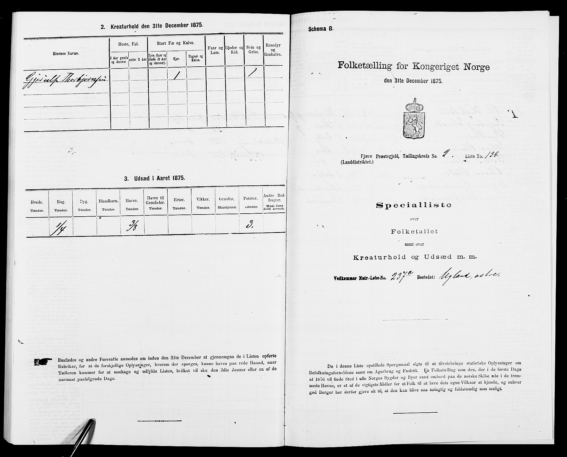 SAK, Folketelling 1875 for 0923L Fjære prestegjeld, Fjære sokn, 1875, s. 847