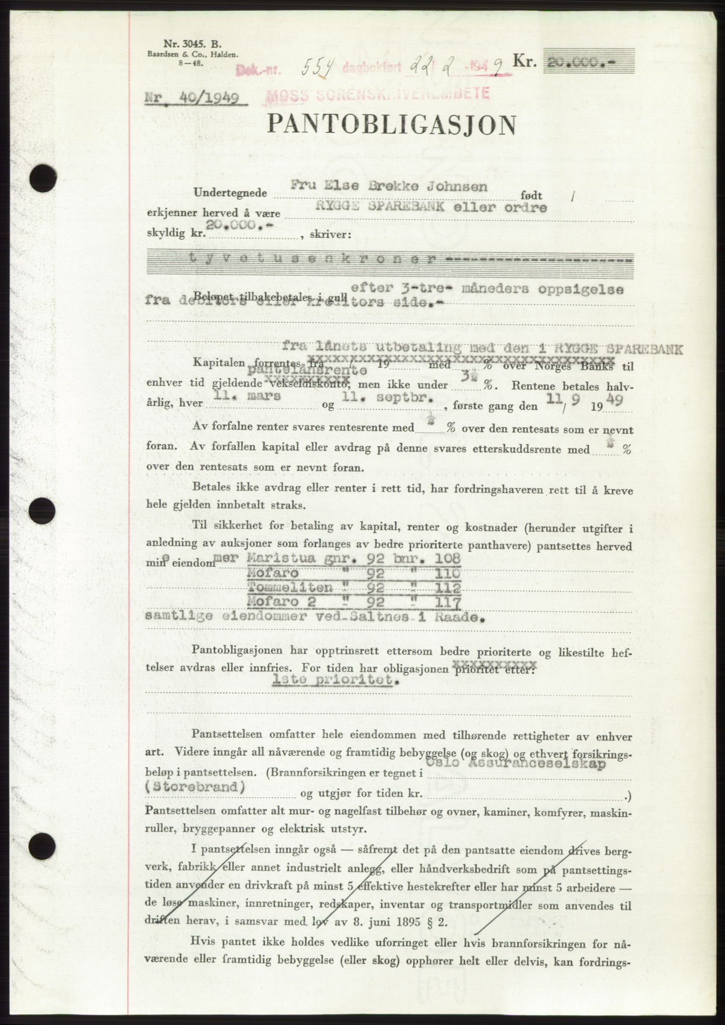 Moss sorenskriveri, SAO/A-10168: Pantebok nr. B21, 1949-1949, Dagboknr: 554/1949