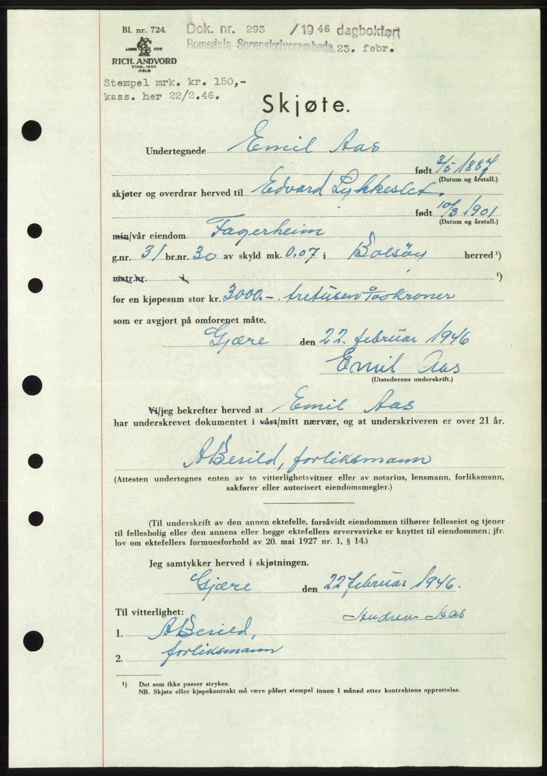 Romsdal sorenskriveri, SAT/A-4149/1/2/2C: Pantebok nr. A19, 1946-1946, Dagboknr: 293/1946