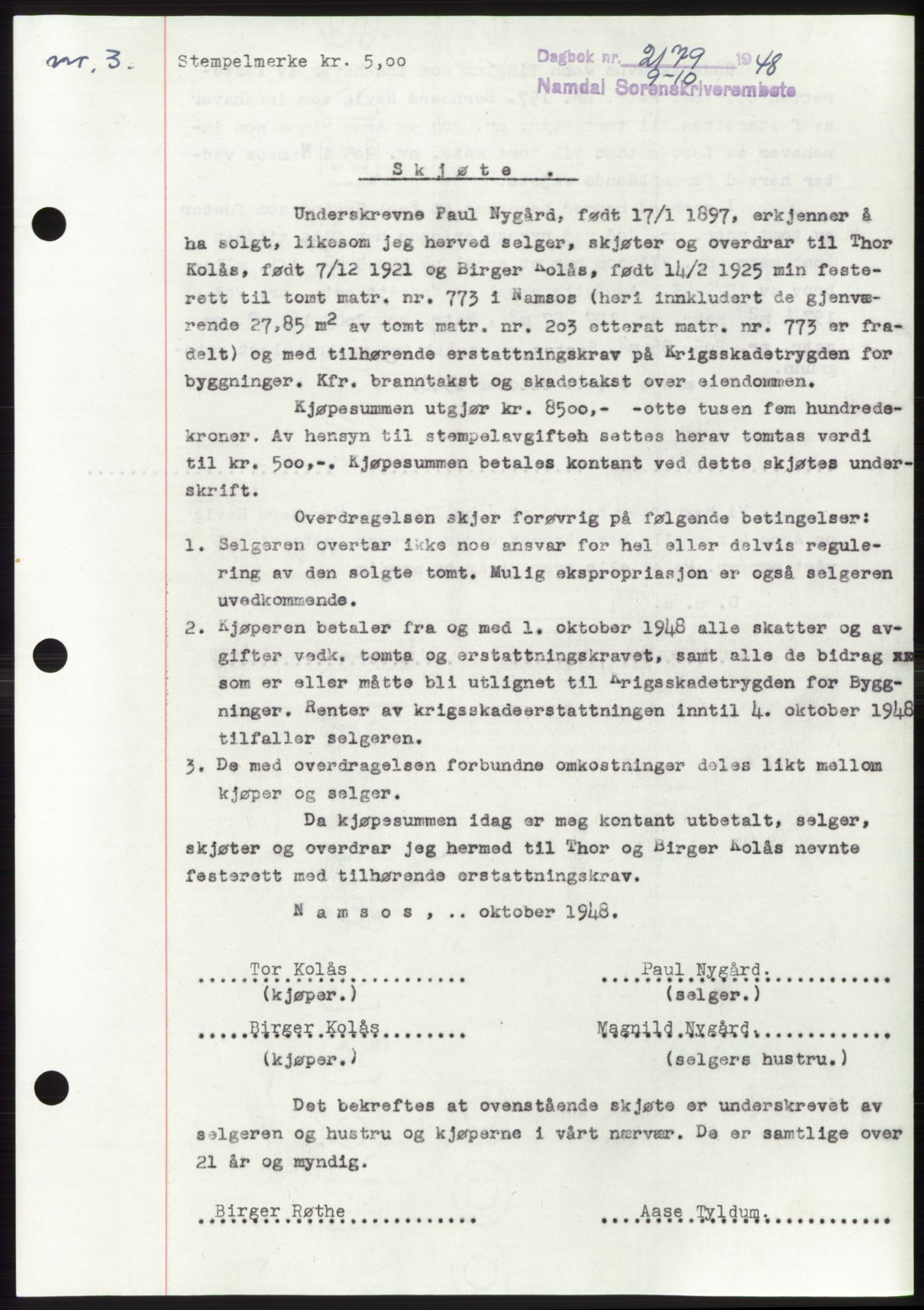 Namdal sorenskriveri, SAT/A-4133/1/2/2C: Pantebok nr. -, 1948-1948, Dagboknr: 2179/1948
