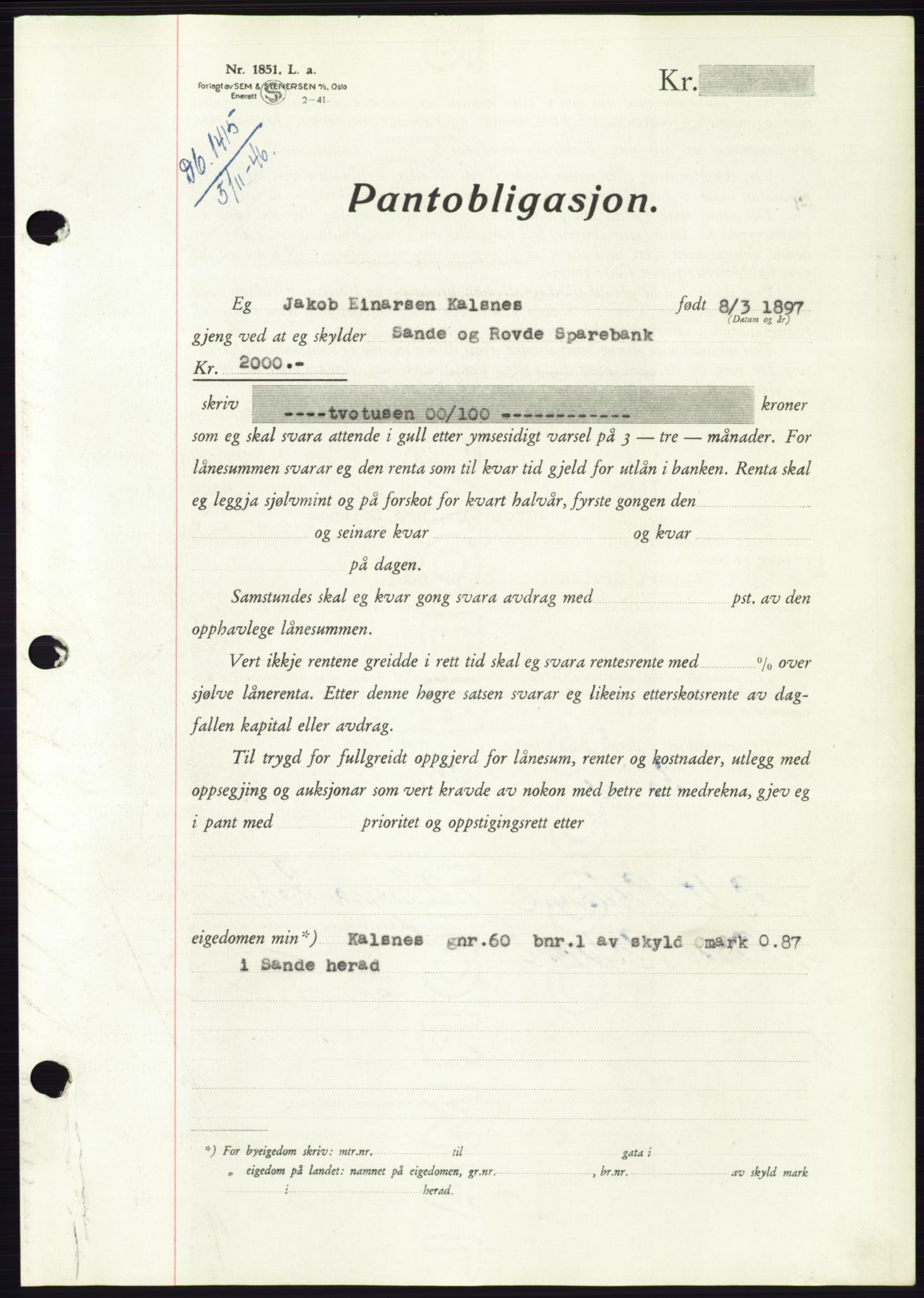 Søre Sunnmøre sorenskriveri, AV/SAT-A-4122/1/2/2C/L0114: Pantebok nr. 1-2B, 1943-1947, Dagboknr: 1415/1946