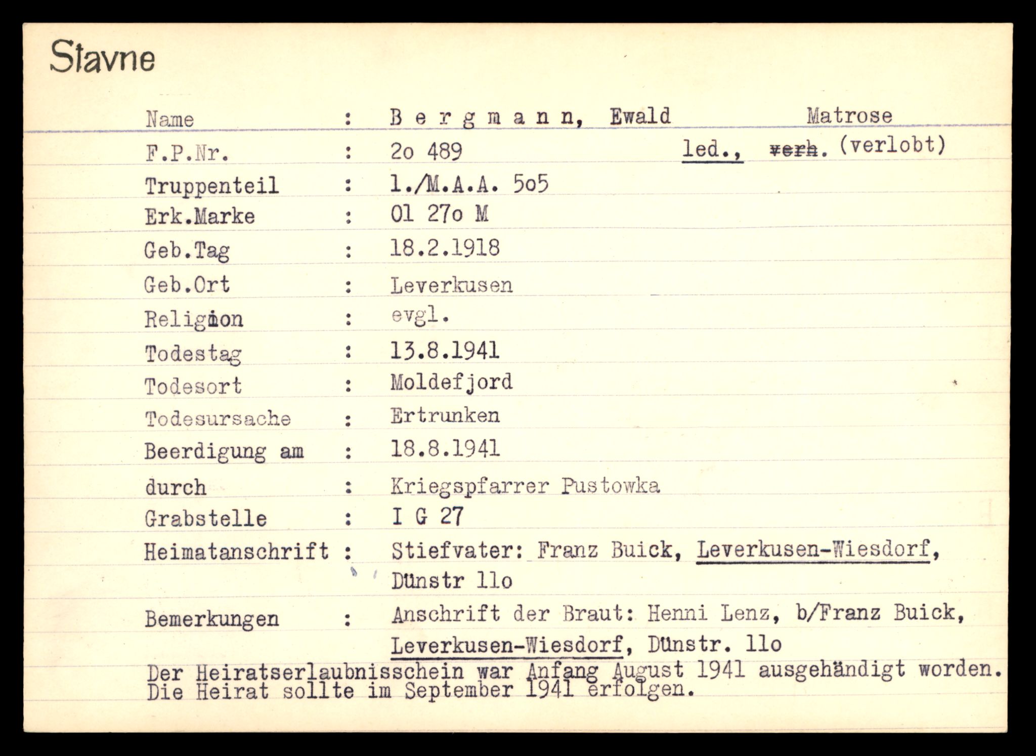 Distriktskontoret for krigsgraver, AV/SAT-A-5030/E/L0003: Kasett/kartotek over tysk Krigskirkegård Stavne, 1945, s. 67