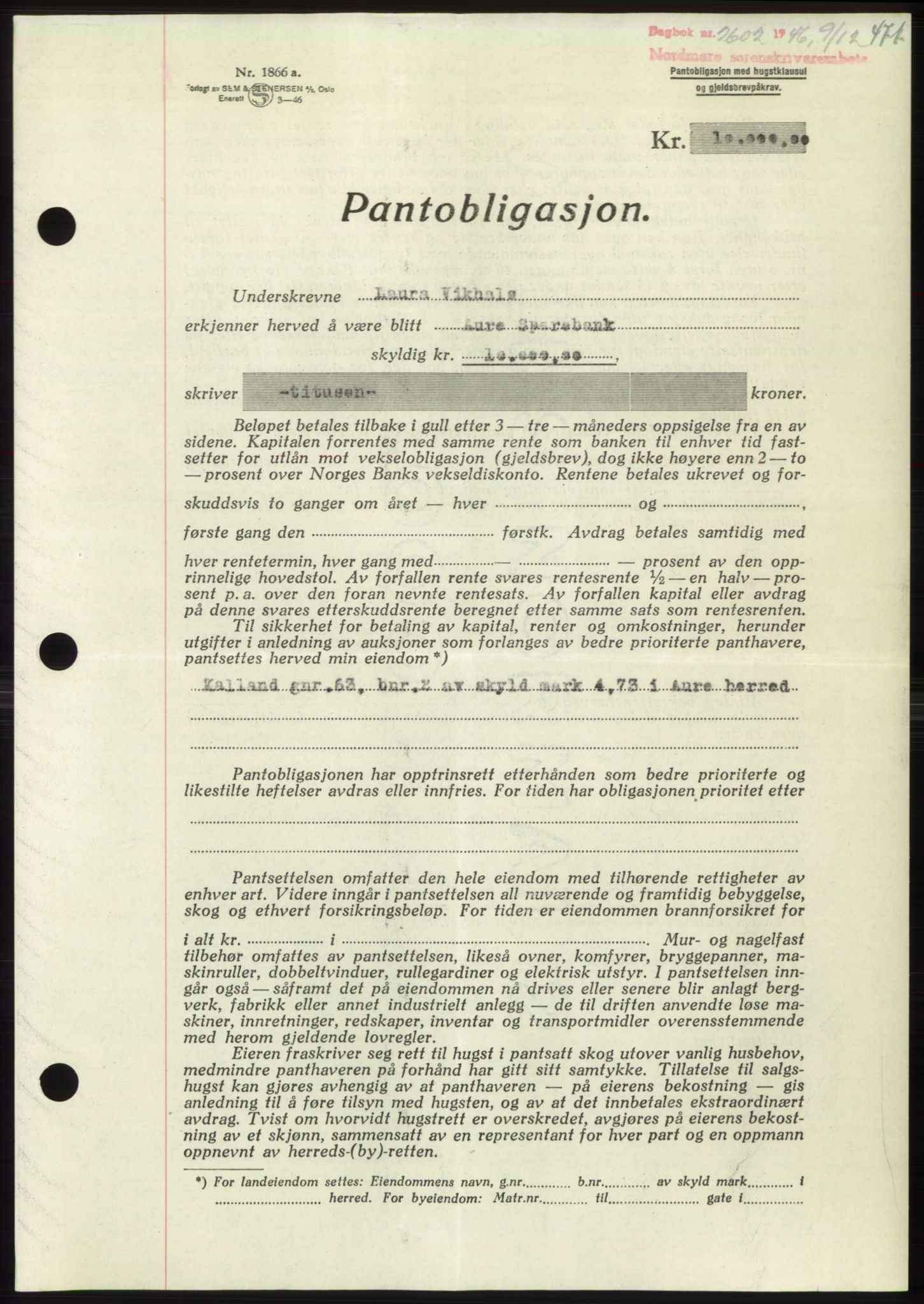 Nordmøre sorenskriveri, SAT/A-4132/1/2/2Ca: Pantebok nr. B95, 1946-1947, Dagboknr: 2602/1946
