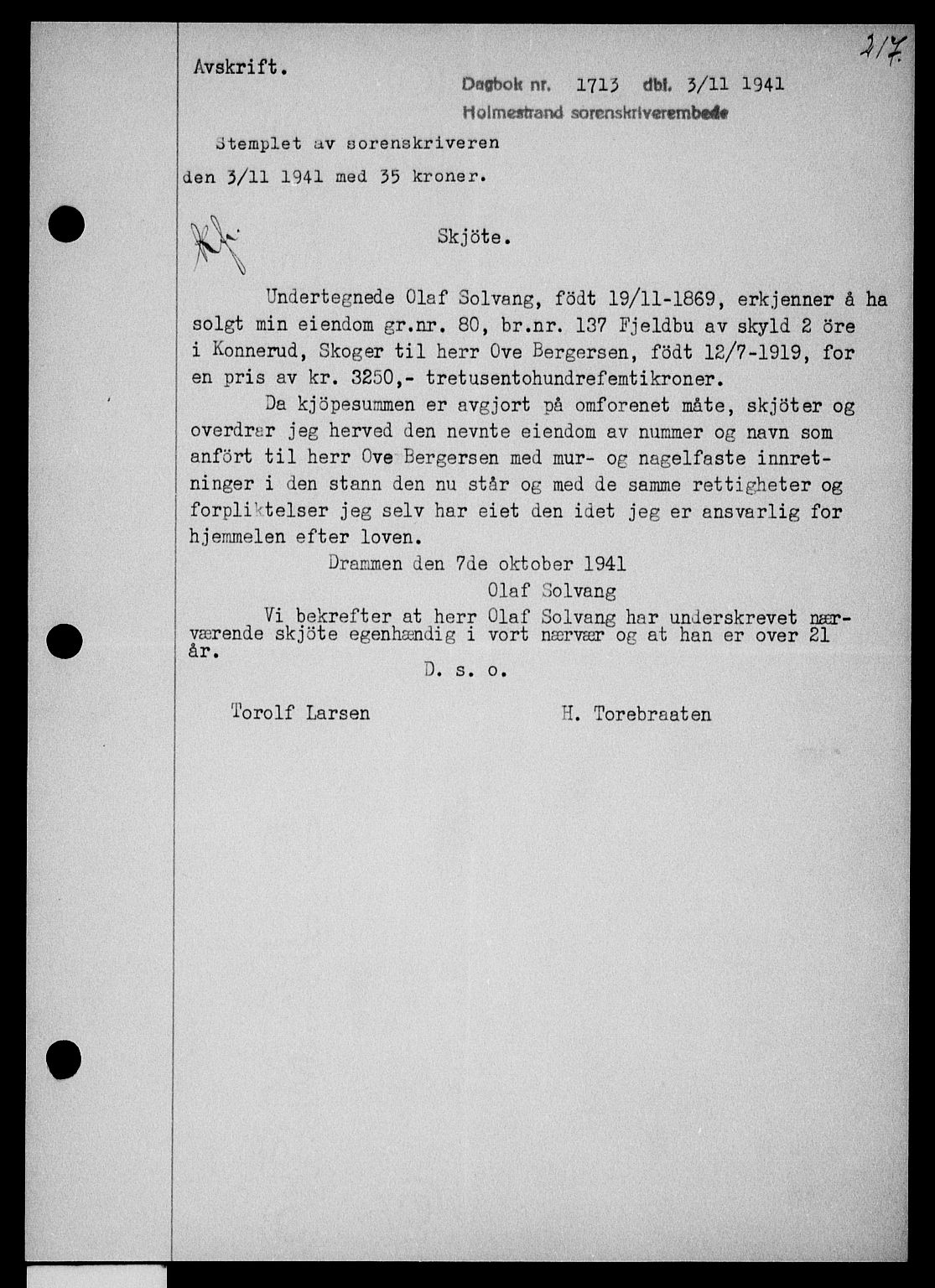 Holmestrand sorenskriveri, SAKO/A-67/G/Ga/Gaa/L0054: Pantebok nr. A-54, 1941-1942, Dagboknr: 1713/1941