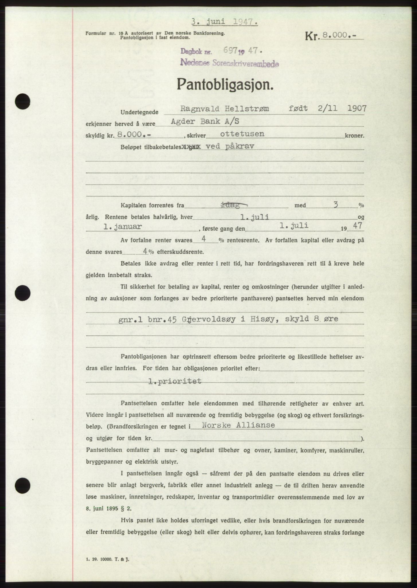 Nedenes sorenskriveri, AV/SAK-1221-0006/G/Gb/Gbb/L0004: Pantebok nr. B4, 1947-1947, Dagboknr: 697/1947