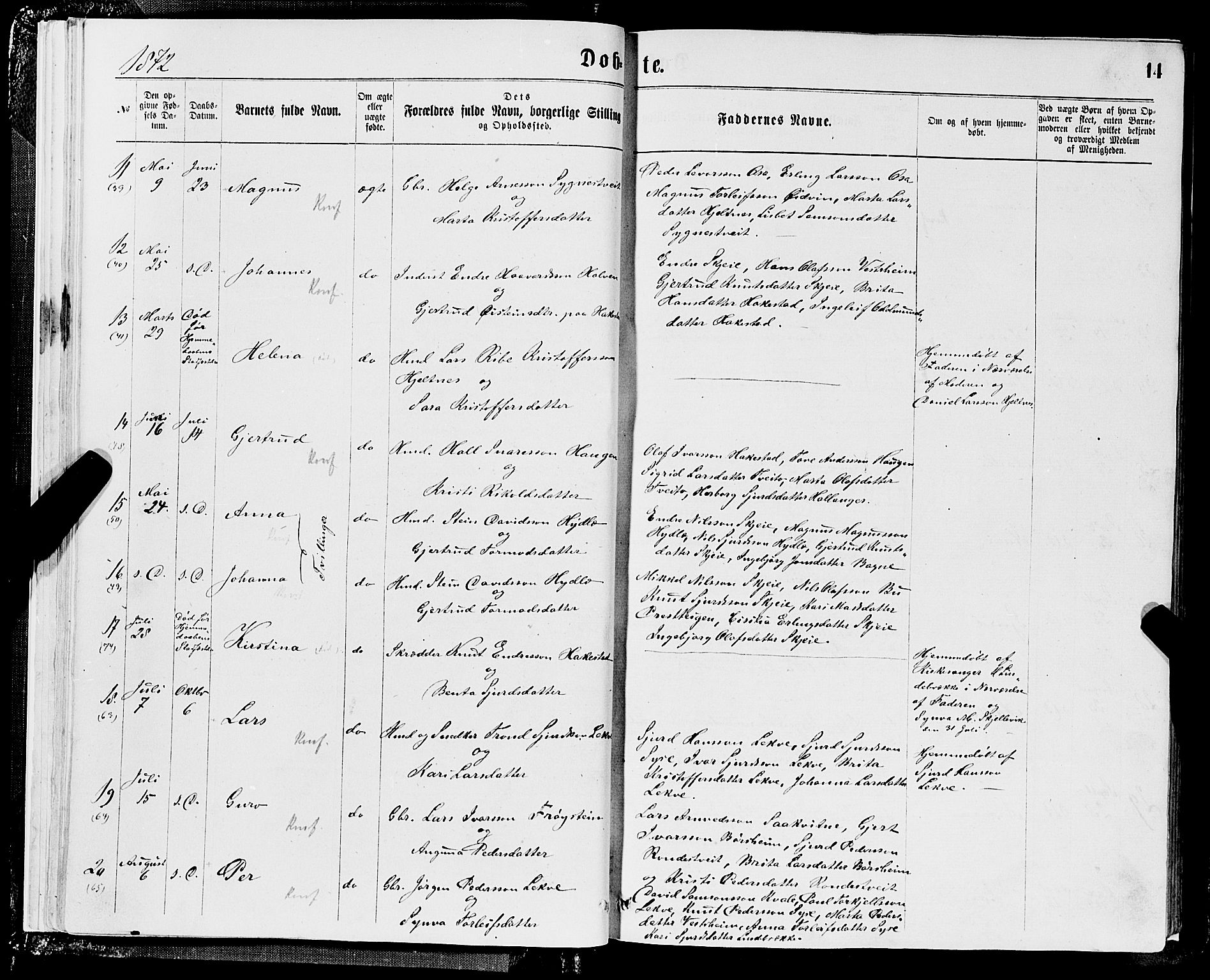 Ulvik sokneprestembete, AV/SAB-A-78801/H/Hab: Klokkerbok nr. A 2, 1869-1882, s. 14