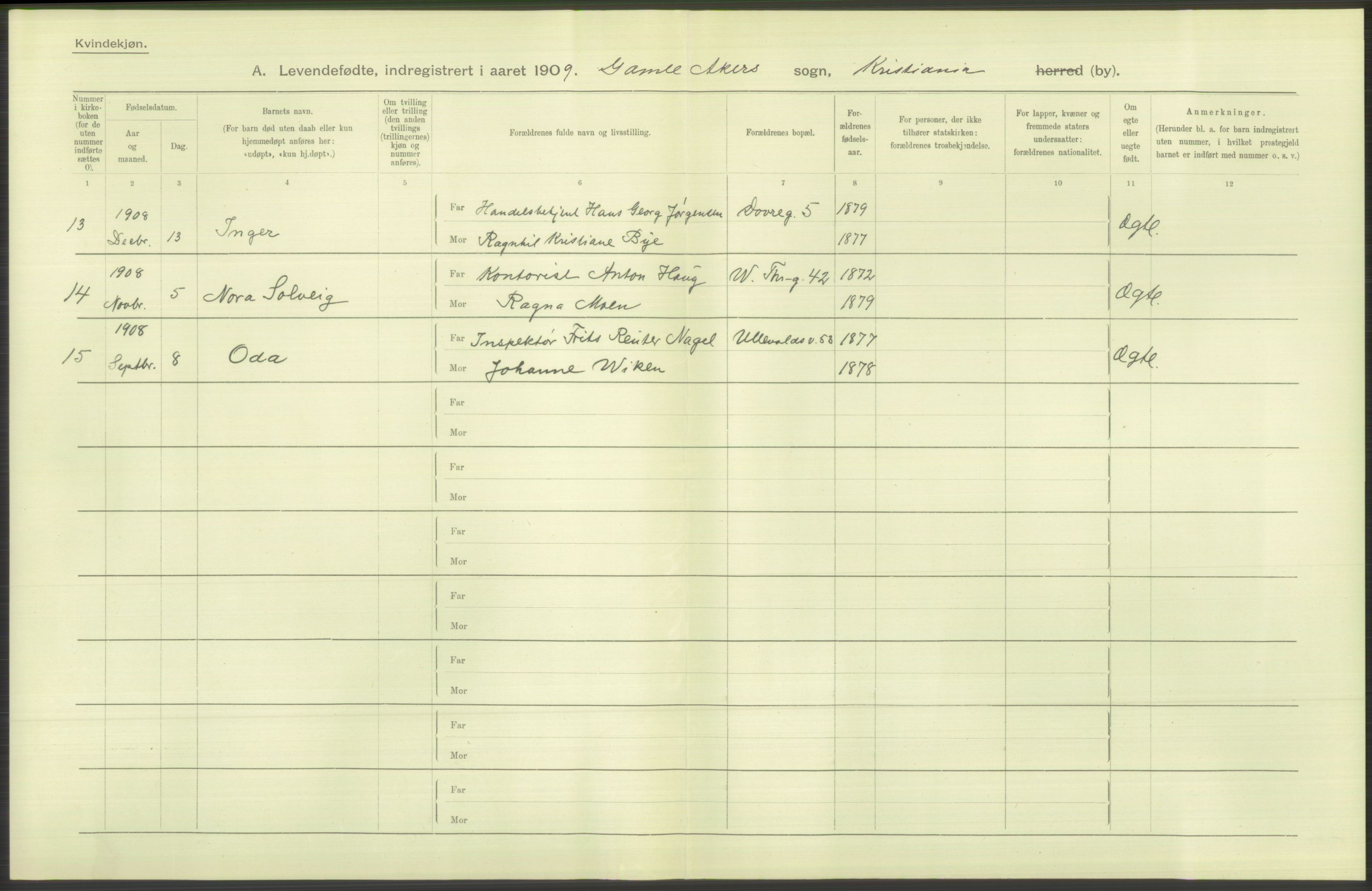 Statistisk sentralbyrå, Sosiodemografiske emner, Befolkning, AV/RA-S-2228/D/Df/Dfa/Dfag/L0007: Kristiania: Levendefødte menn og kvinner., 1909, s. 742