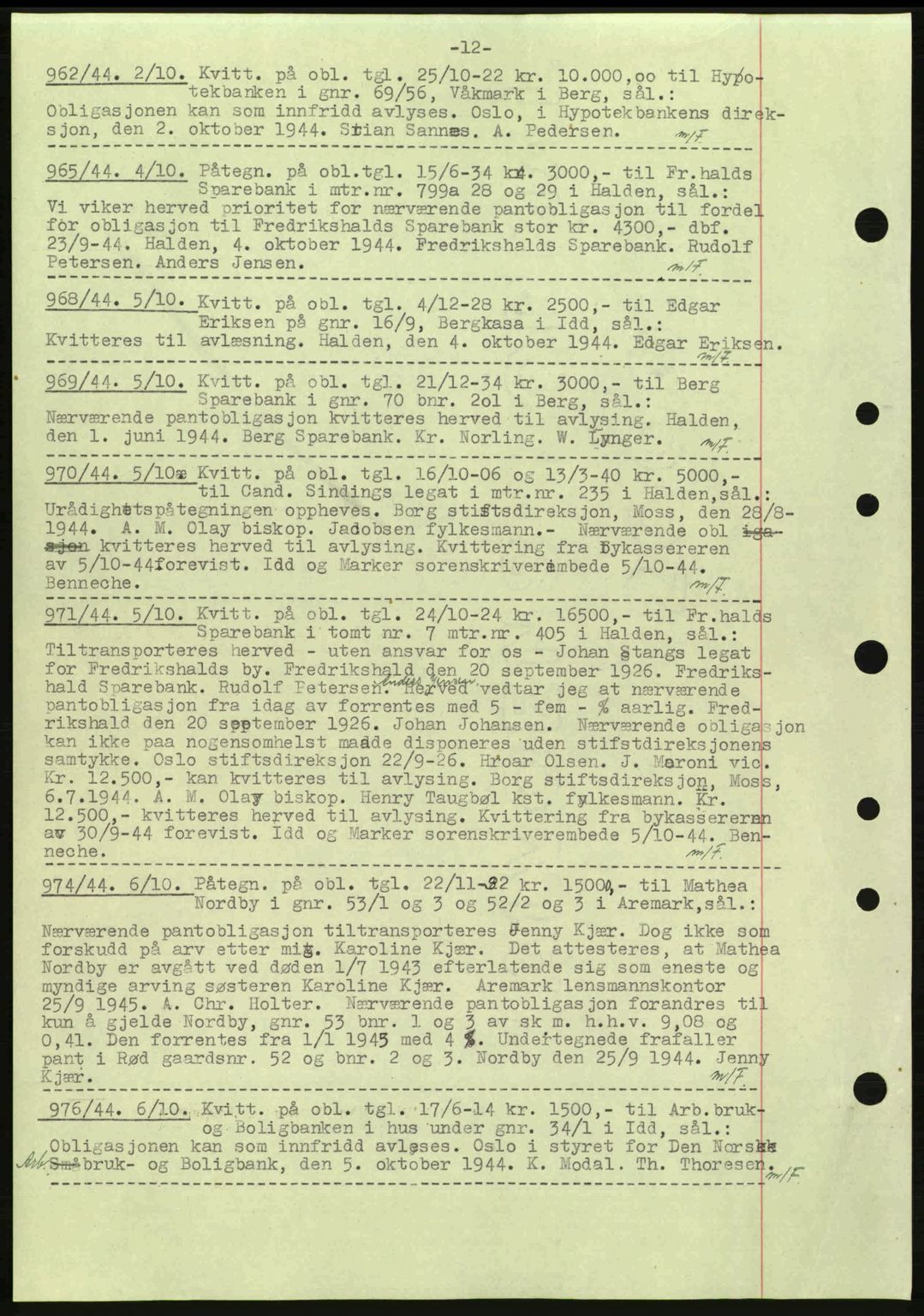 Idd og Marker sorenskriveri, AV/SAO-A-10283/G/Gb/Gbc/L0002: Pantebok nr. B4-9a, 1939-1945, Dagboknr: 962/1944