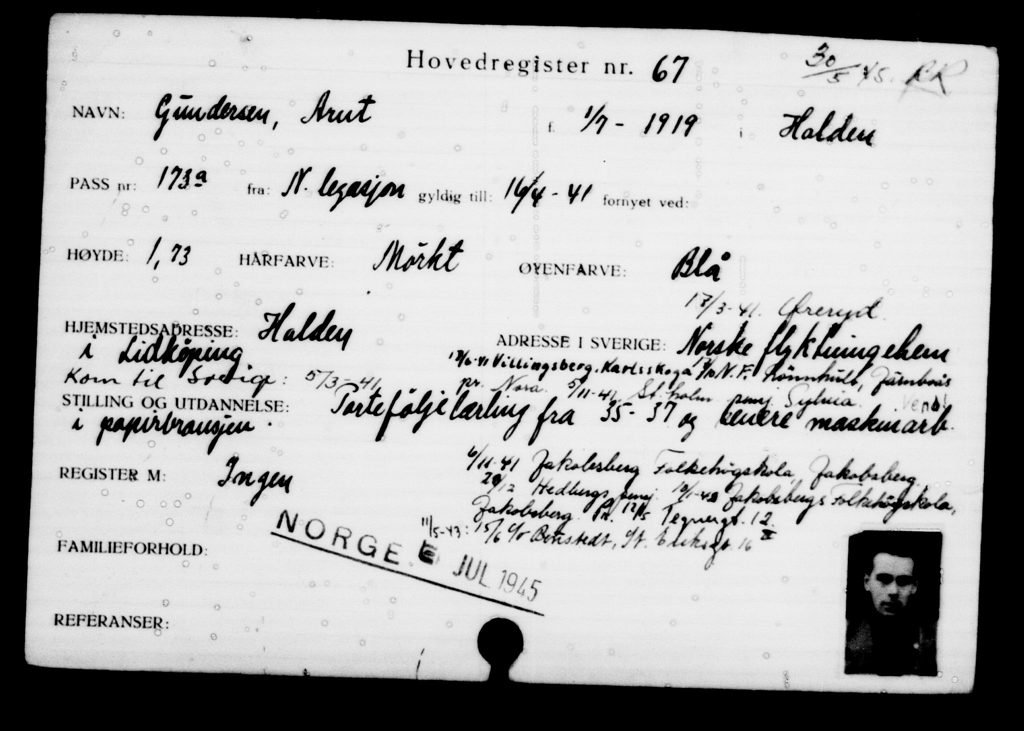 Utenriksstasjonene, Legasjonen i Stockholm, Flyktningkontoret, AV/RA-S-6753/V/Va/L0001: Kjesäterkartoteket, flyktninger med registreringsnr. 1-1000, 1940-1945, s. 116